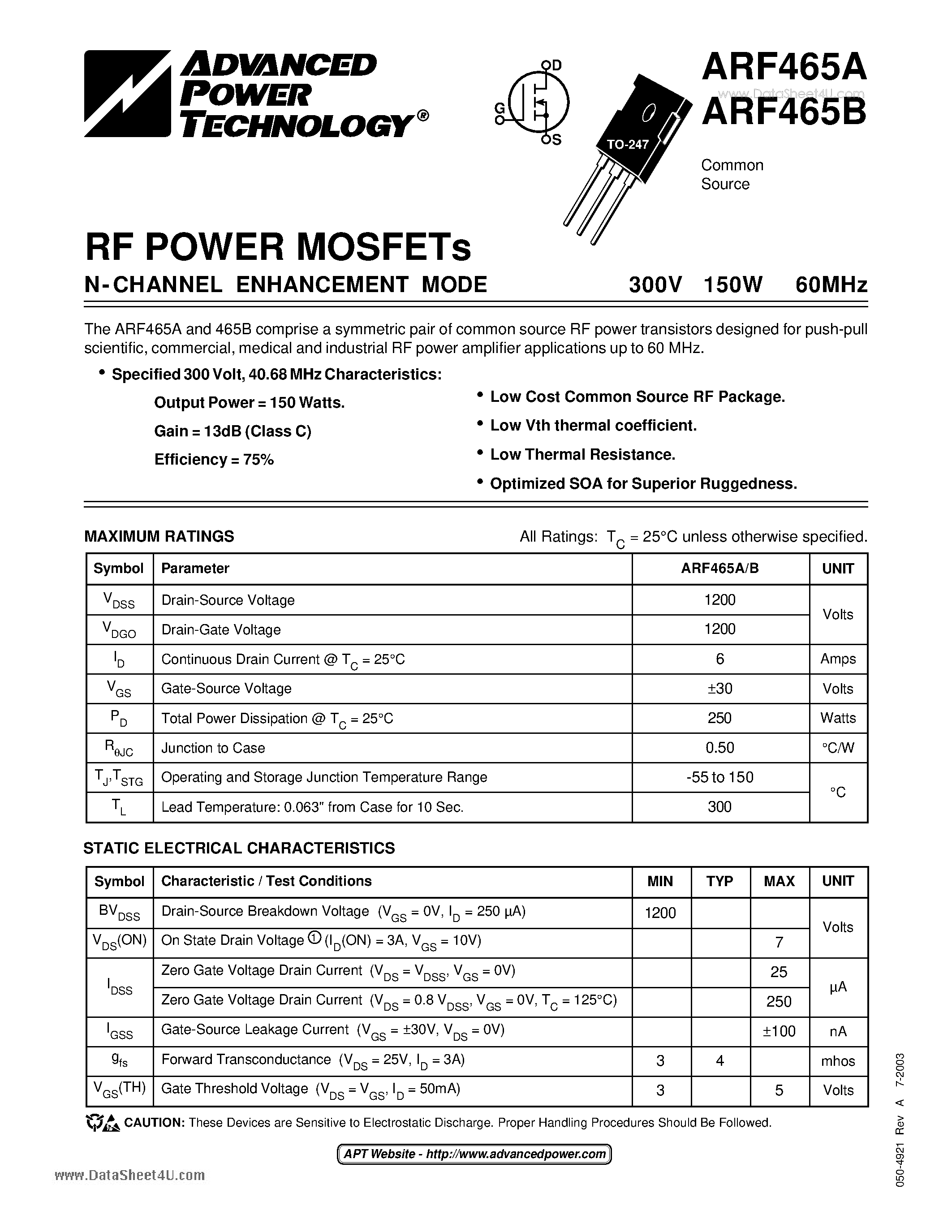 Datasheet ARF465A - N-CHANNEL ENHANCEMENT MODE POWER MOSFETs page 1