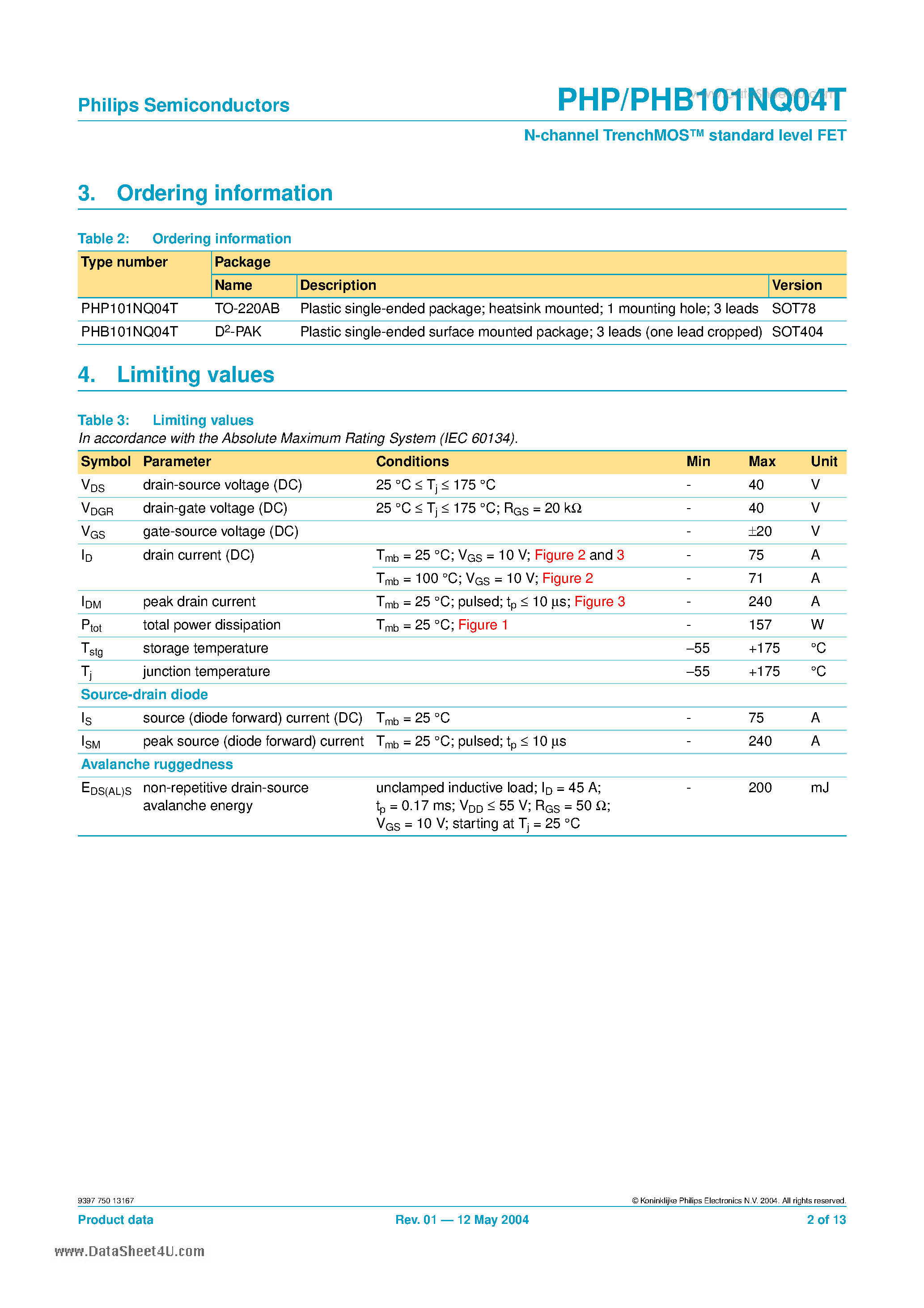 Datasheet PHB101NQ04T - N-channel TrenchMOS standard level FET page 2