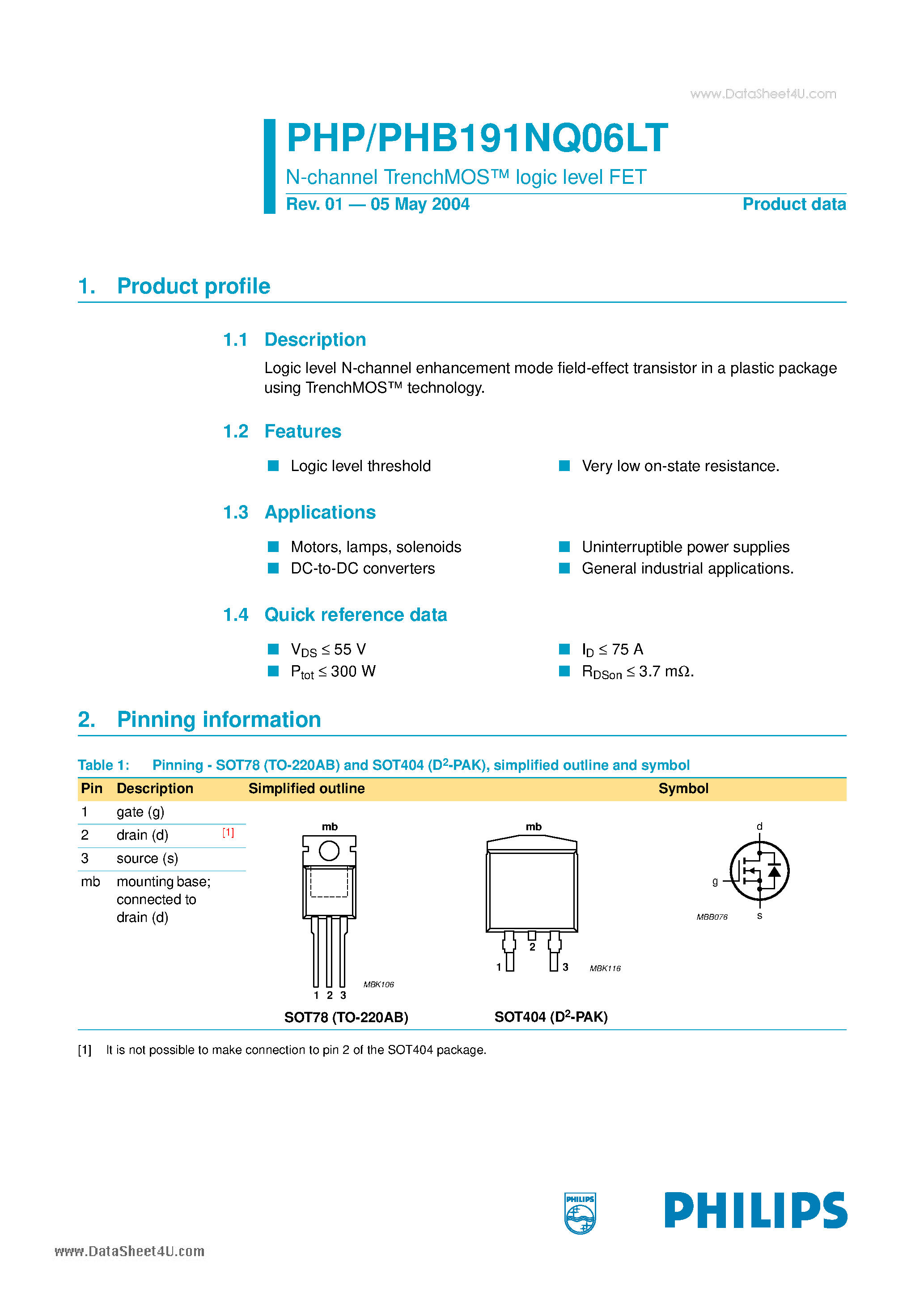 Datasheet PHB191NQ06LT - Logic level N-channel enhancement mode field-effect transistor page 1