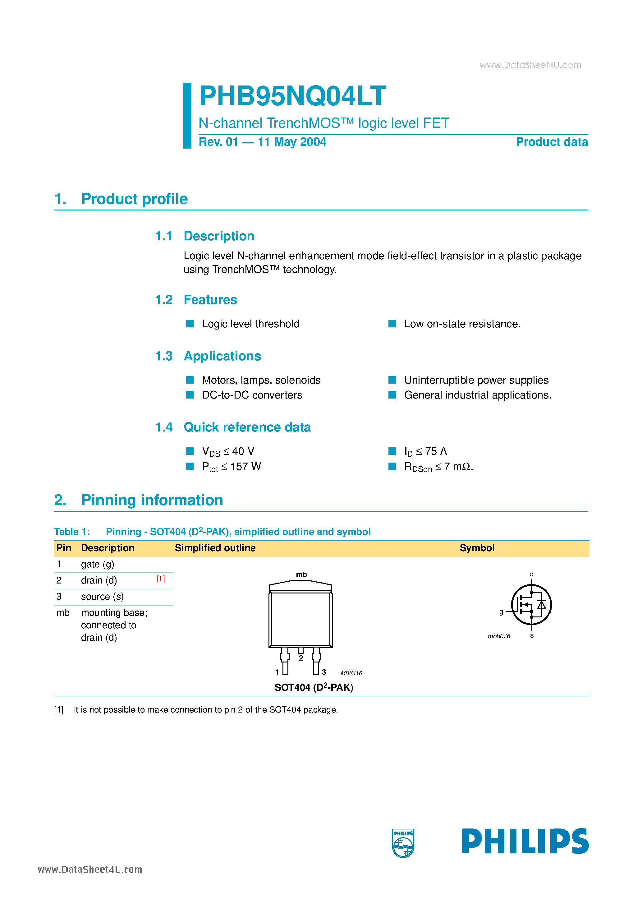 Datasheet PHB95NQ04LT - N-channel TrenchMOS logic level FET page 1