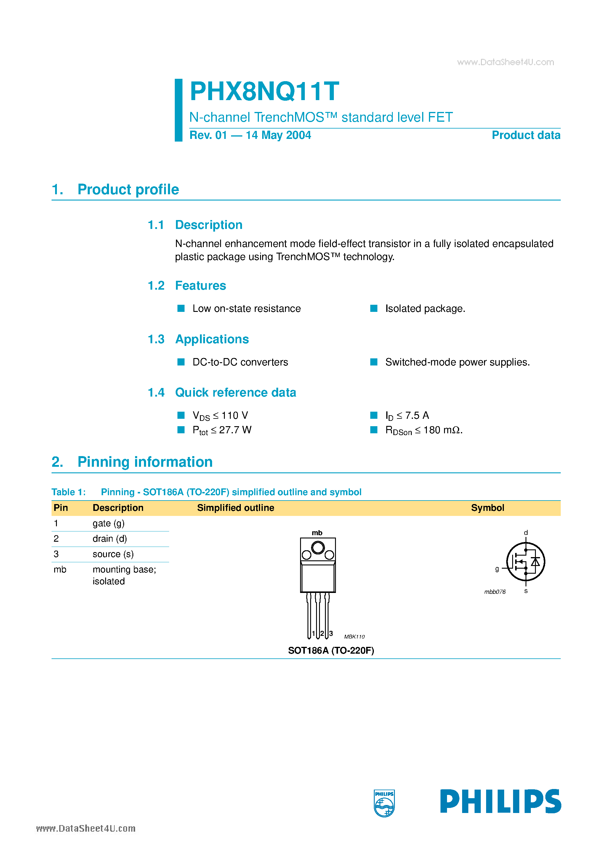 Datasheet PHX8NQ11T - N-channel TrenchMOS-TM standard level FET page 1
