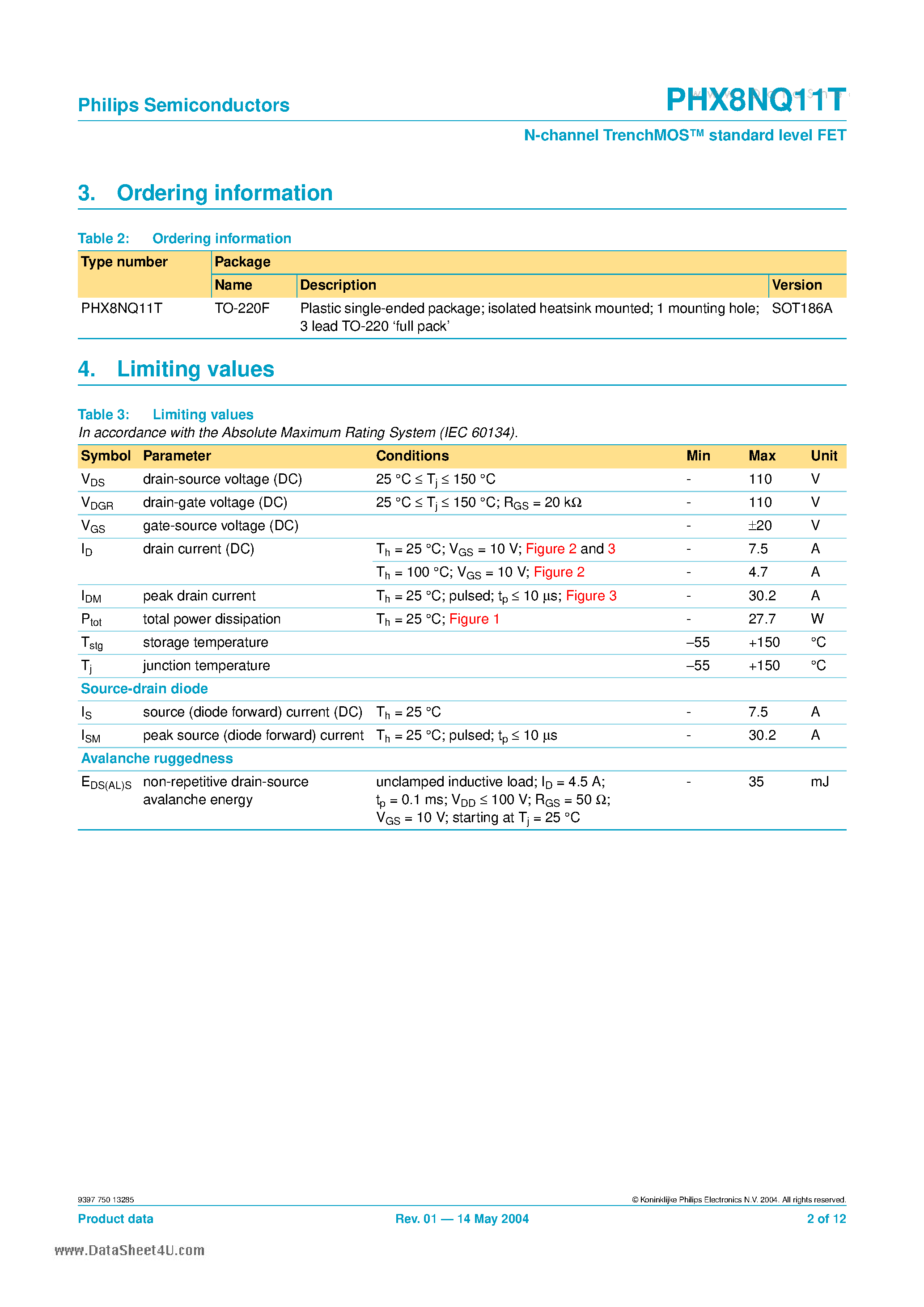 Datasheet PHX8NQ11T - N-channel TrenchMOS-TM standard level FET page 2