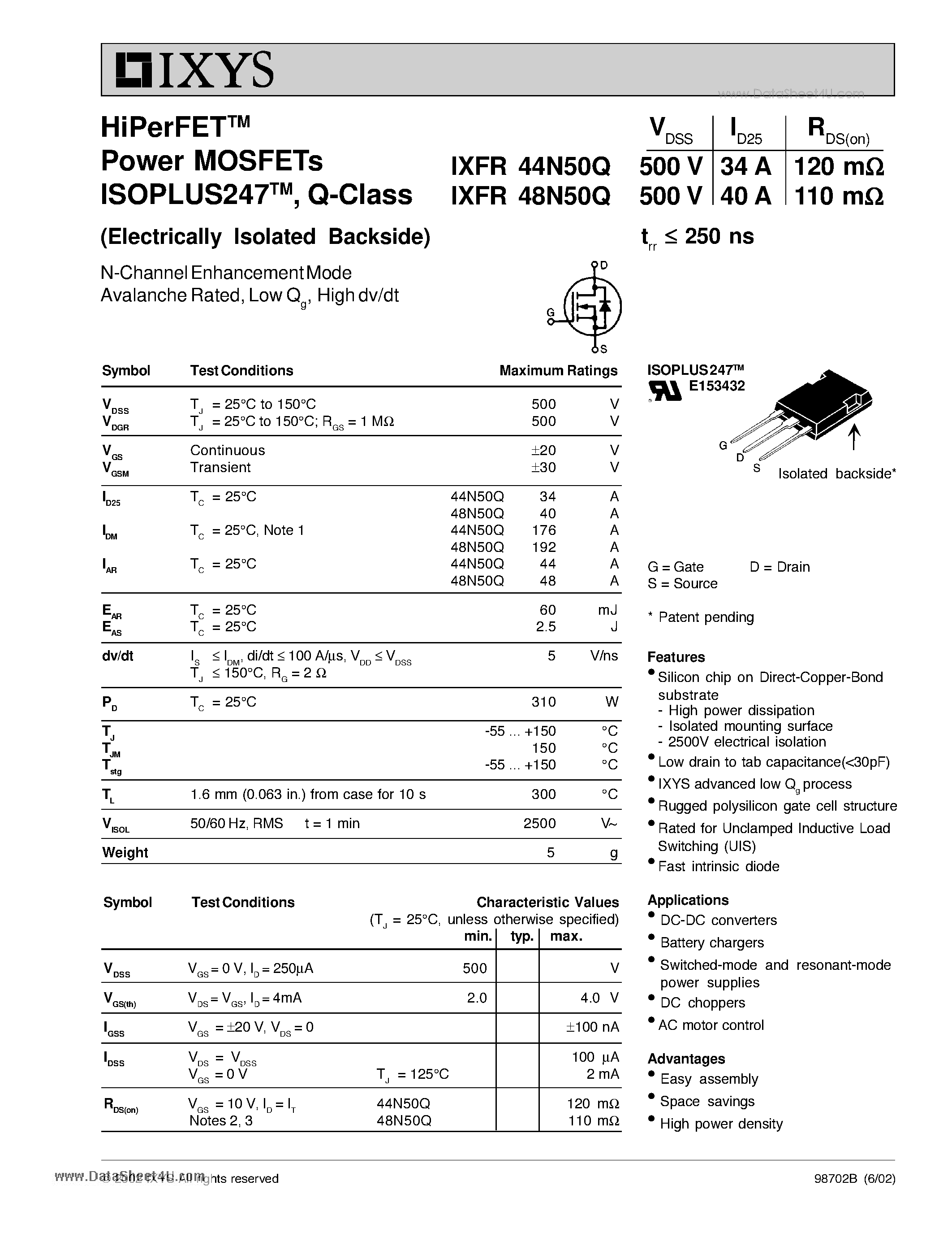 Datasheet IXFR44N50Q page 1 Datasheet IXFR44N50Q - HiPerFET Power MOSFETs ISOPLUS247 Q-Class page 1
