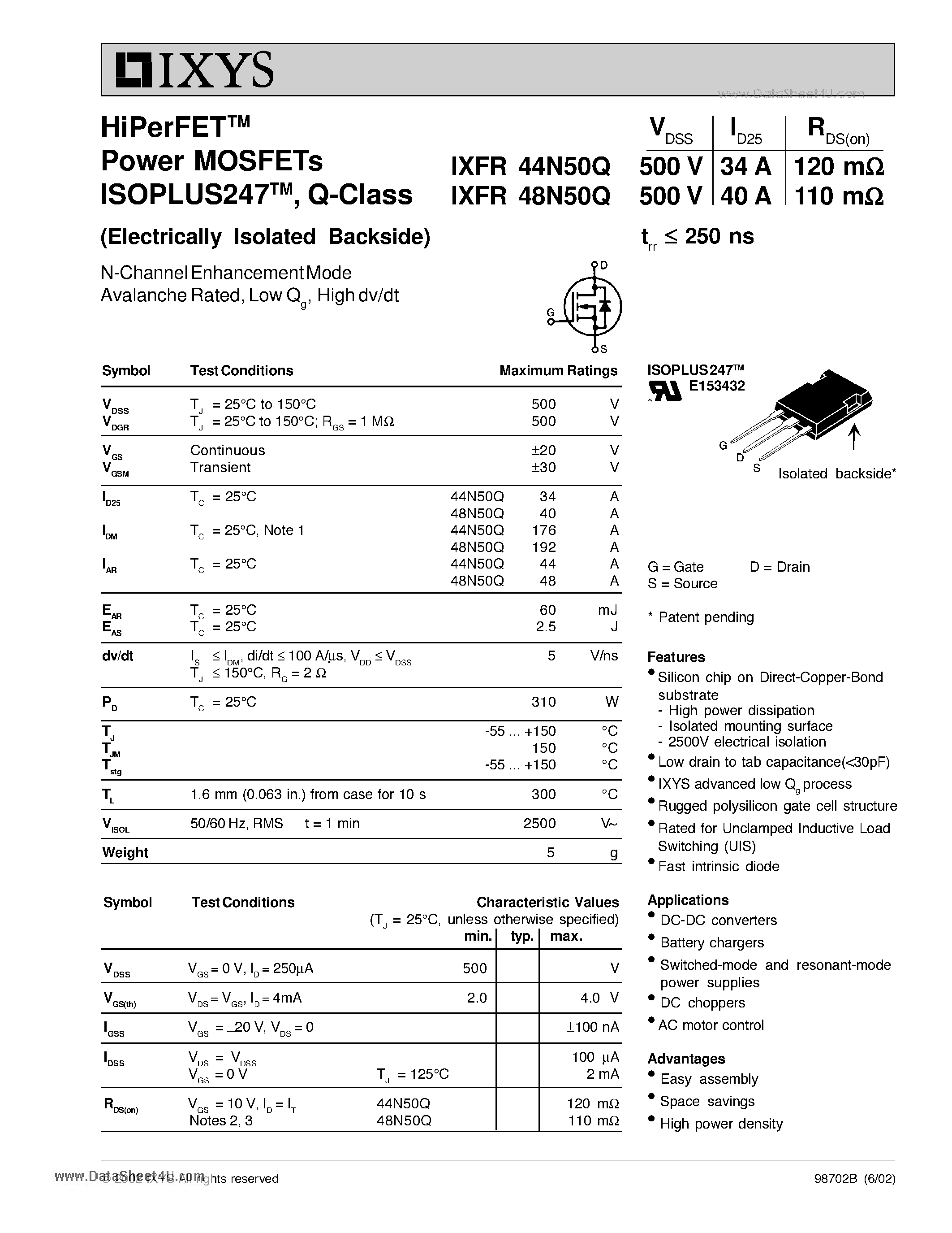 Даташит IXFR44N50Q - HiPerFET Power MOSFETs ISOPLUS247 Q-Class страница 1
