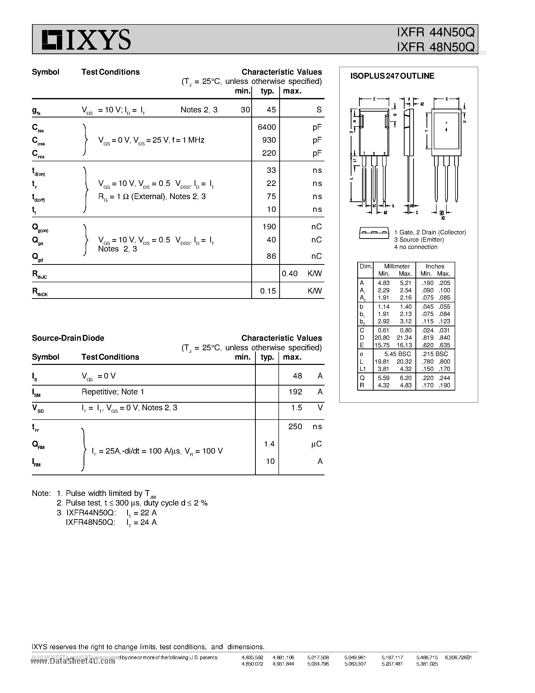 Даташит IXFR44N50Q - HiPerFET Power MOSFETs ISOPLUS247 Q-Class страница 2