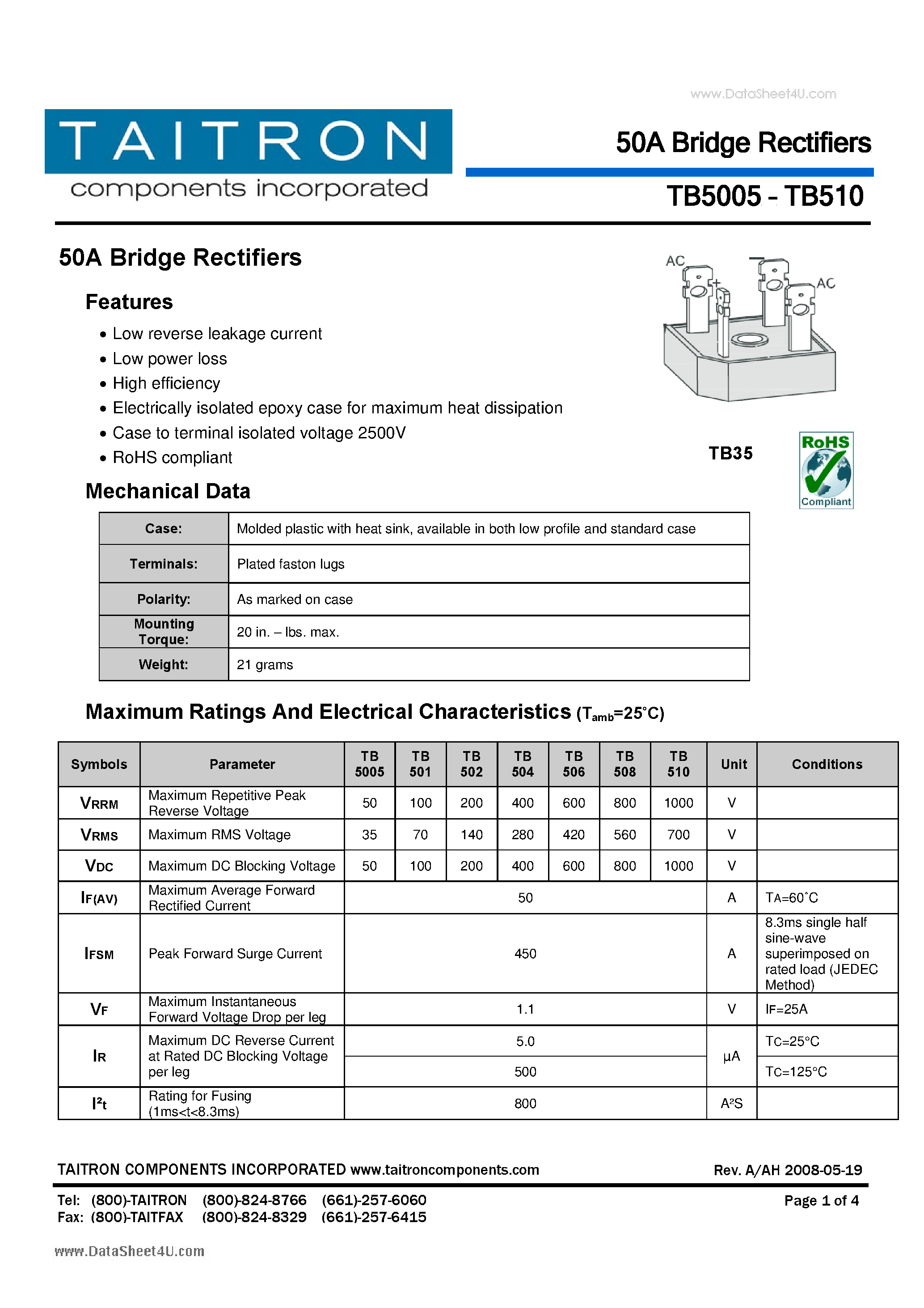 Datasheet TB5005 - 50A Bridge Rectifiers page 1