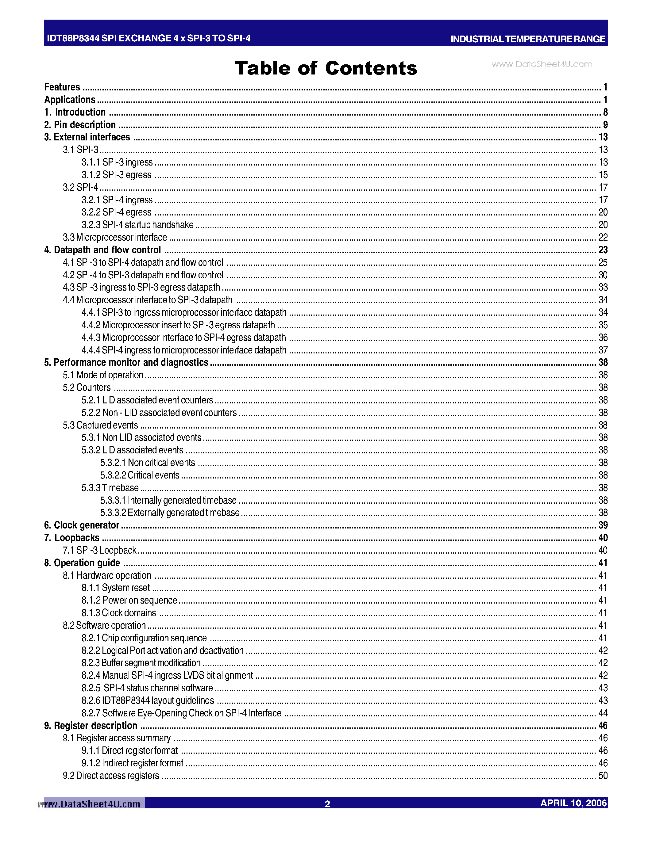 Даташит на микросхему IDT88P8344 страница 2 Даташит IDT88P8344 - SPI EXCHANGE 4 x SPI-3 TO SPI-4 Issue 1.0 страница 2
