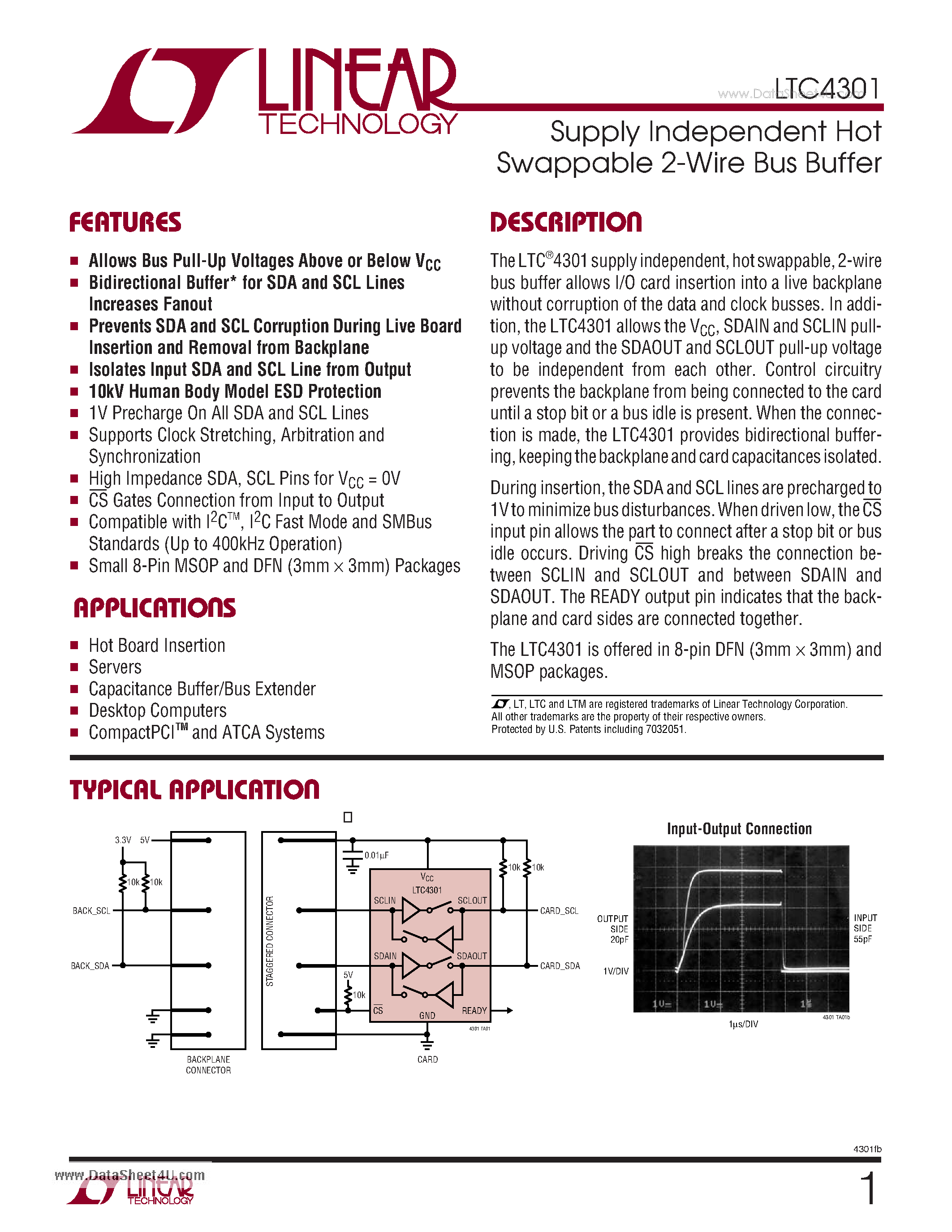 Даташит LTC4301 - Supply Independent Hot Swappable 2-Wire Bus Buffer страница 1