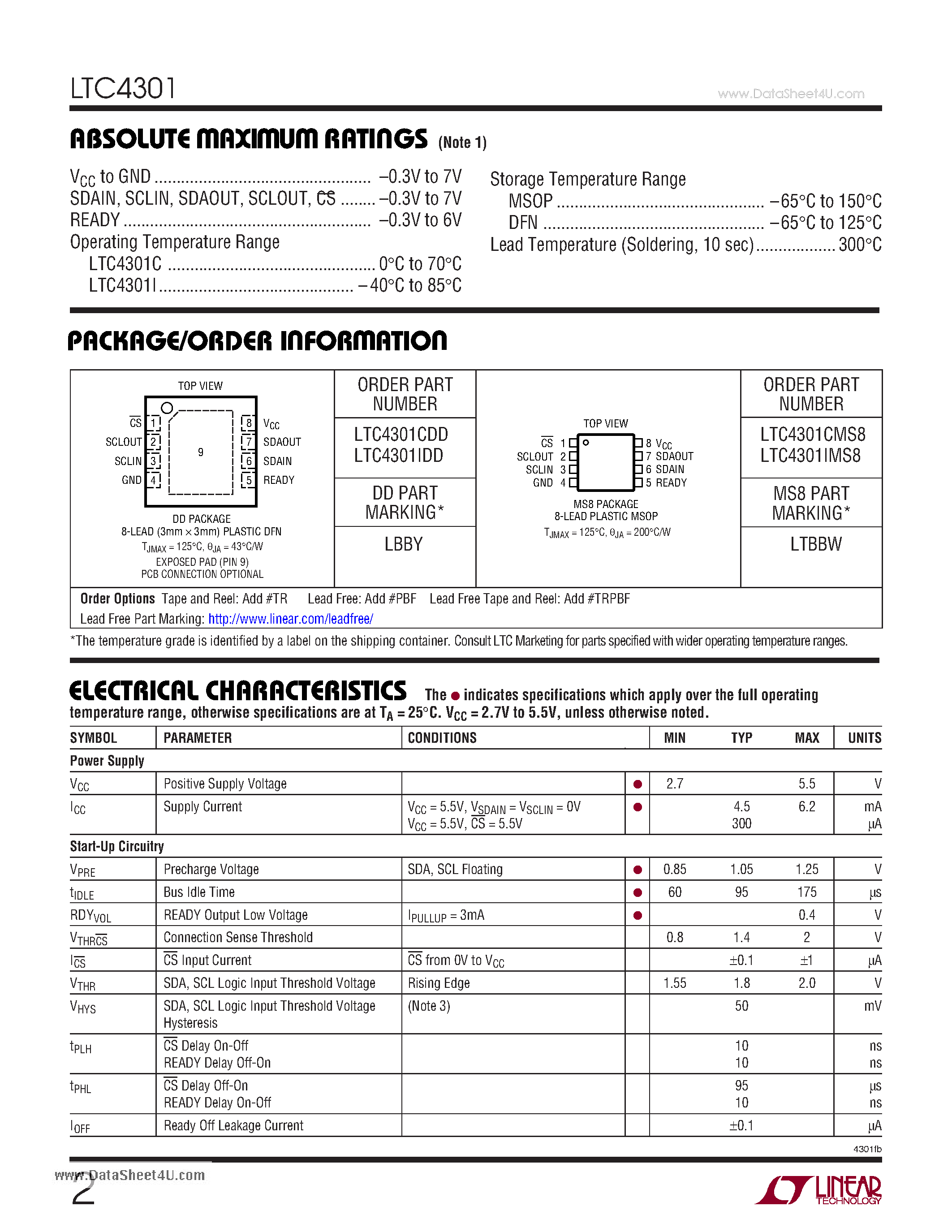 Даташит LTC4301 - Supply Independent Hot Swappable 2-Wire Bus Buffer страница 2