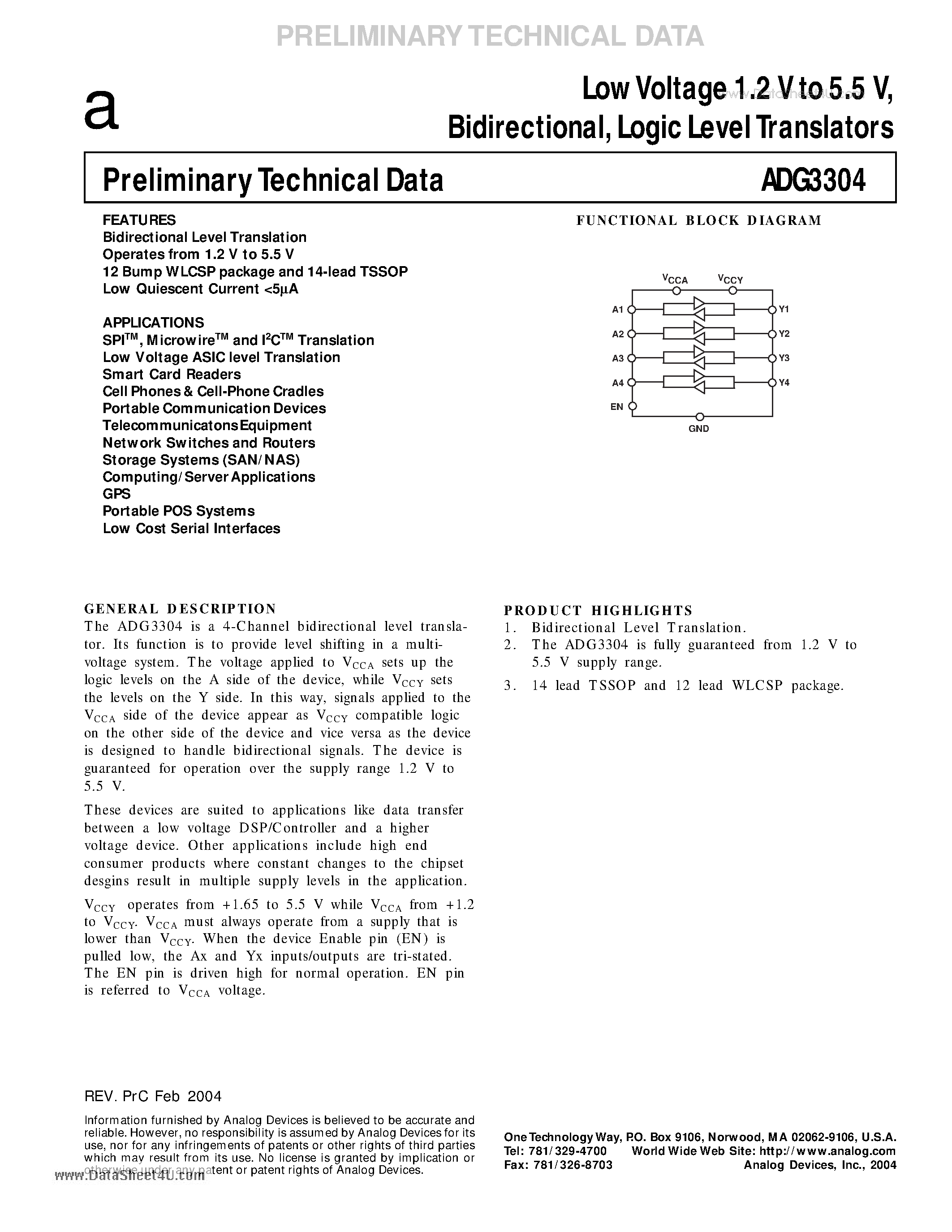 Datasheet ADG3304 - Low Voltage 1.2 V to 5.5 V Bidirectional Logic Level Translators page 1