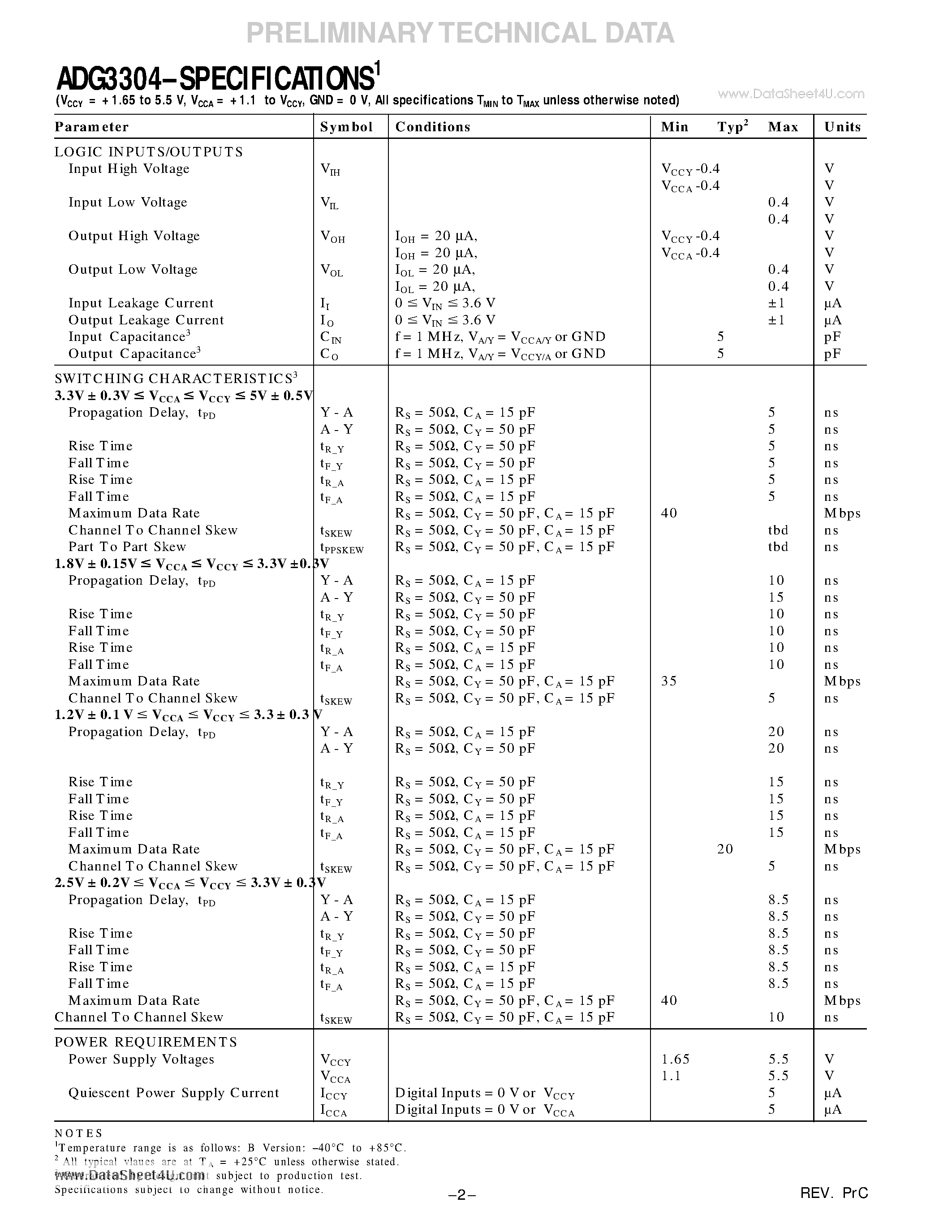 Datasheet ADG3304 - Low Voltage 1.2 V to 5.5 V Bidirectional Logic Level Translators page 2