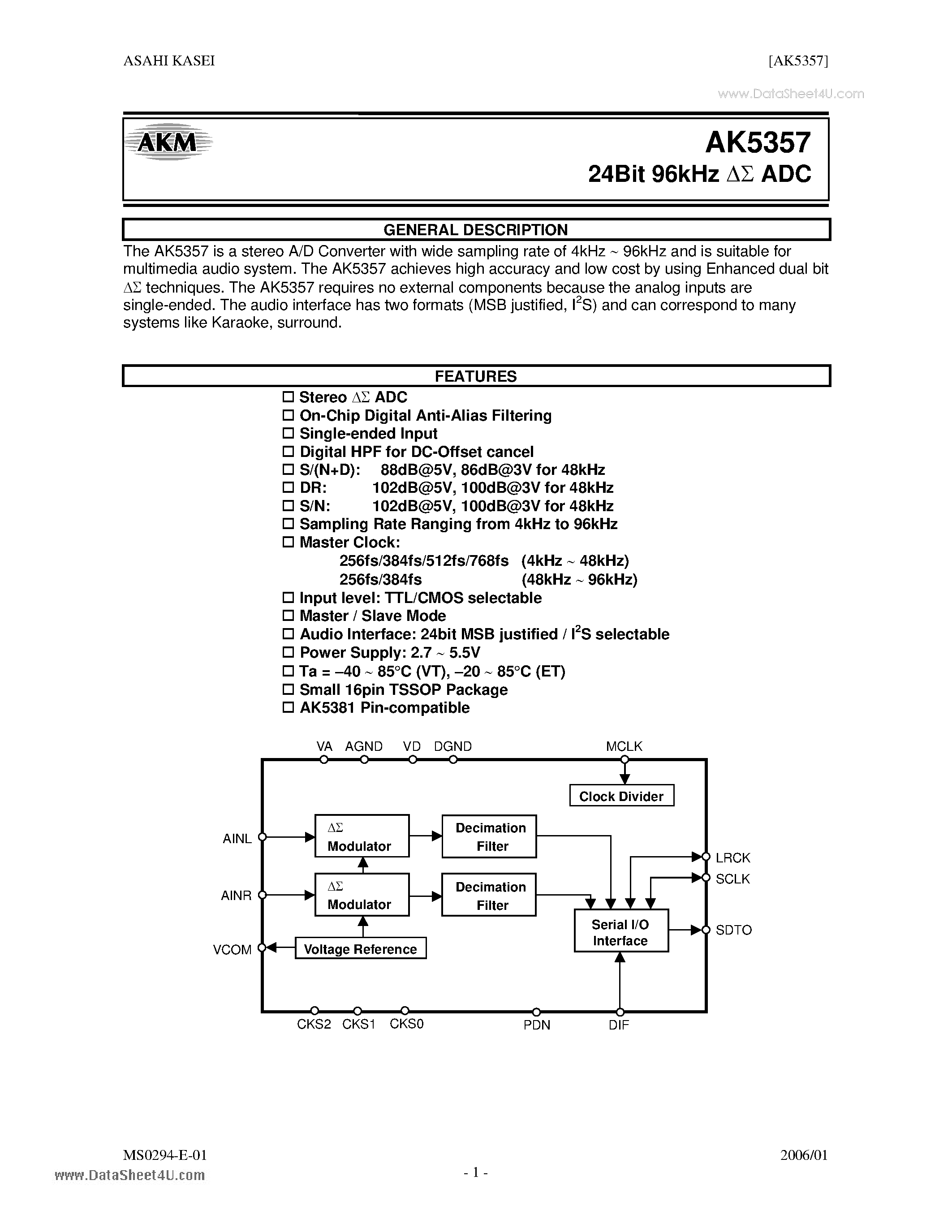Datasheet AK5357 - 24Bit 96kHz ADC page 1
