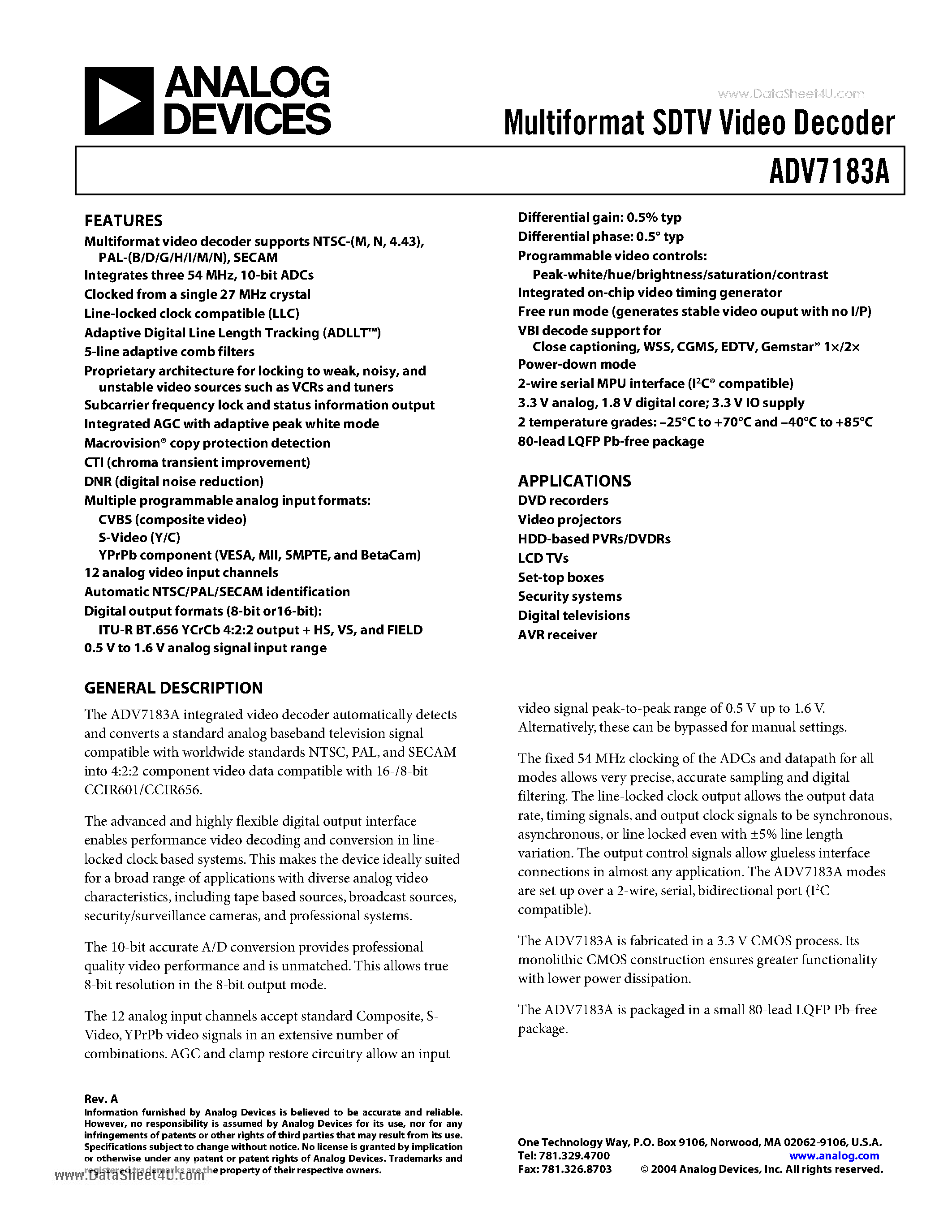 Даташит ADV7183A - Multiformat SDTV Video Decoder страница 1