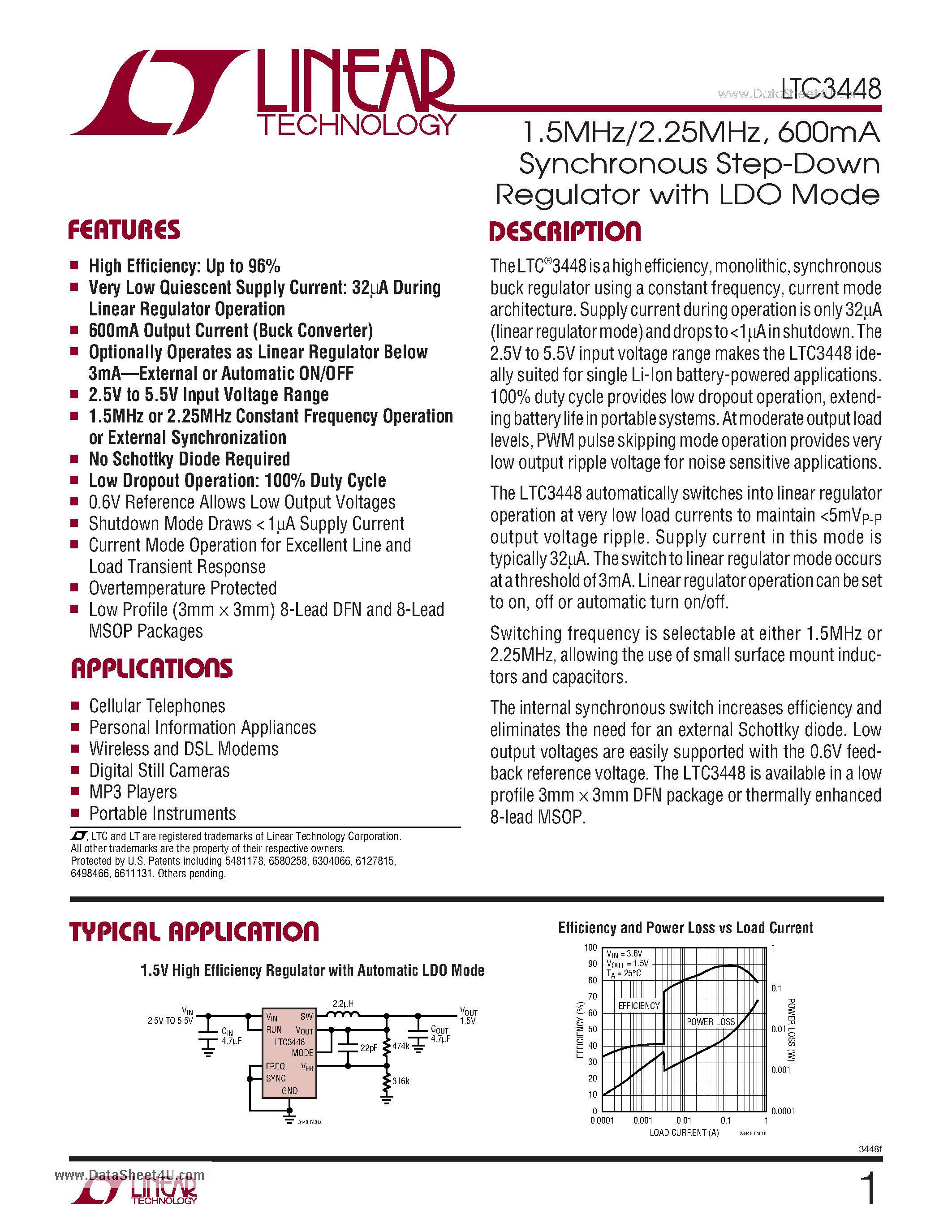 Даташит LTC3448 - 1.5MHz/2.25MHz 600mA Synchronous Step-Down Regulator страница 1