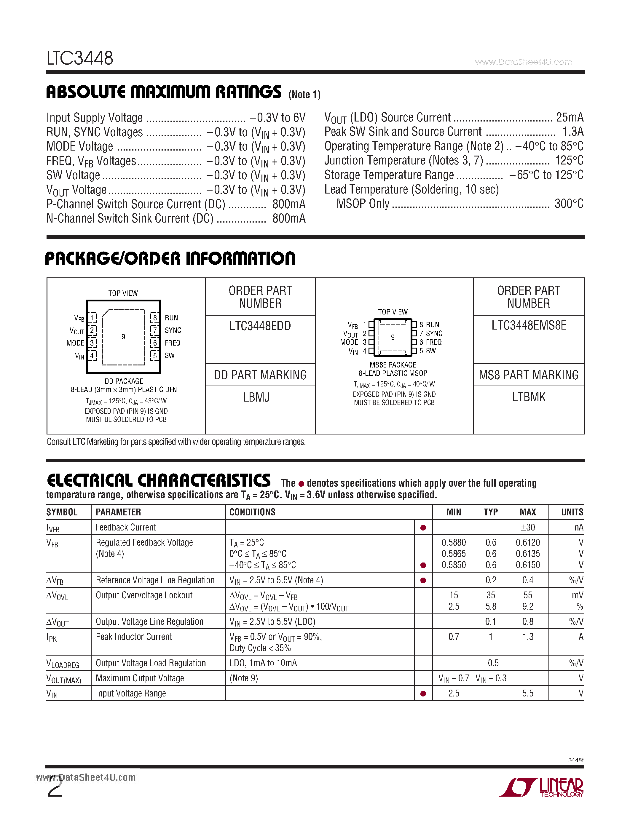 Даташит LTC3448 - 1.5MHz/2.25MHz 600mA Synchronous Step-Down Regulator страница 2