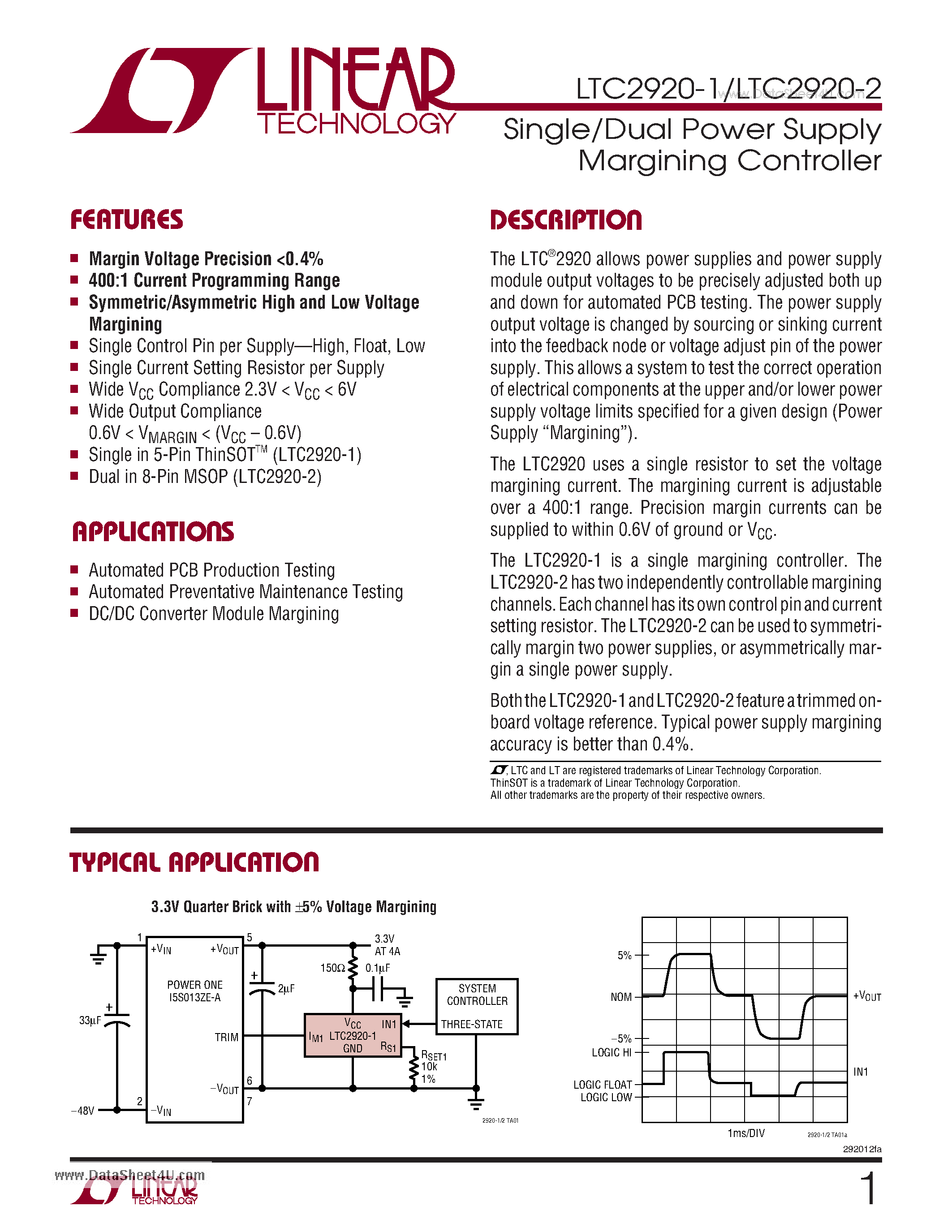 Datasheet LTC2920-1 - Single/Dual Power Supply Margining Controller page 1