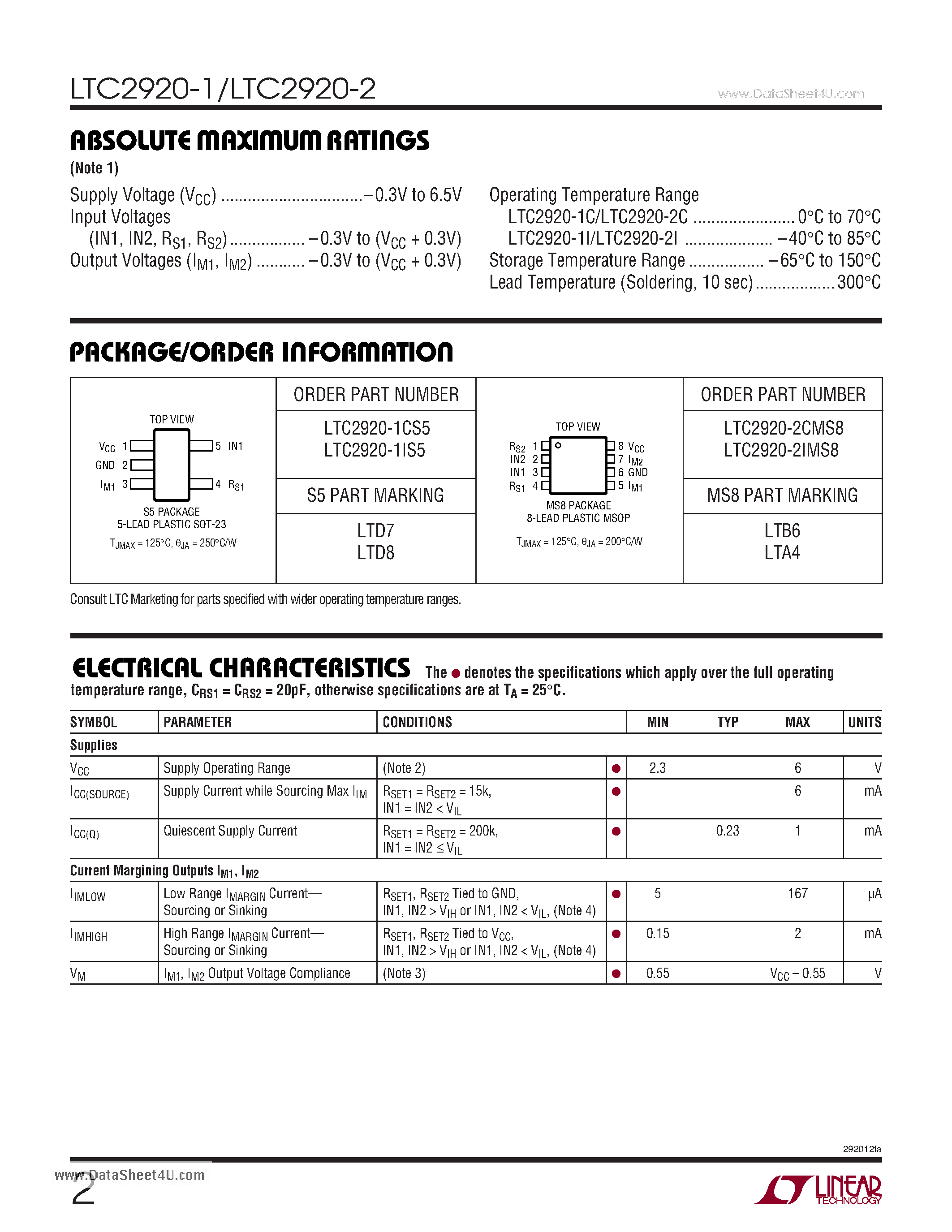 Datasheet LTC2920-1 - Single/Dual Power Supply Margining Controller page 2