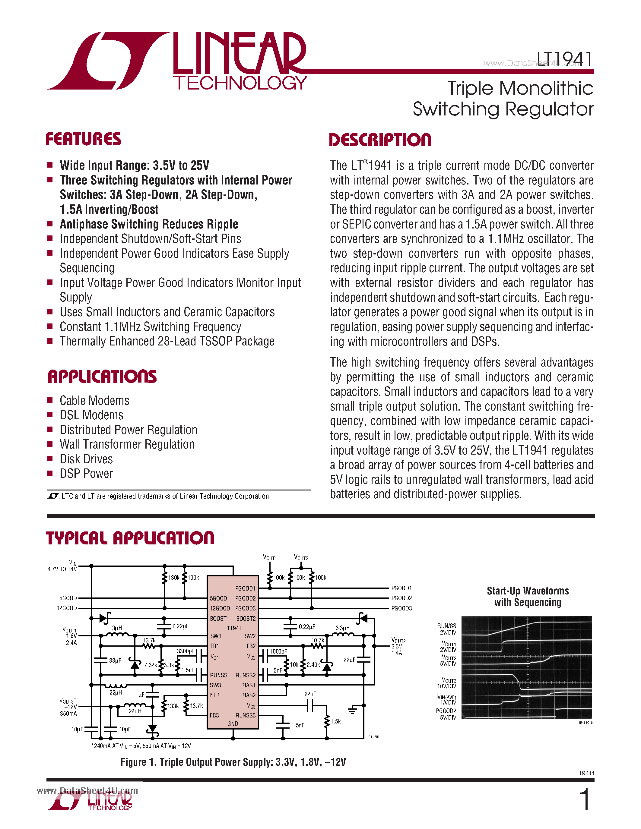 Datasheet LT1941 page 1 Datasheet LT1941 - Triple Monolithic Switching Regulator page 1