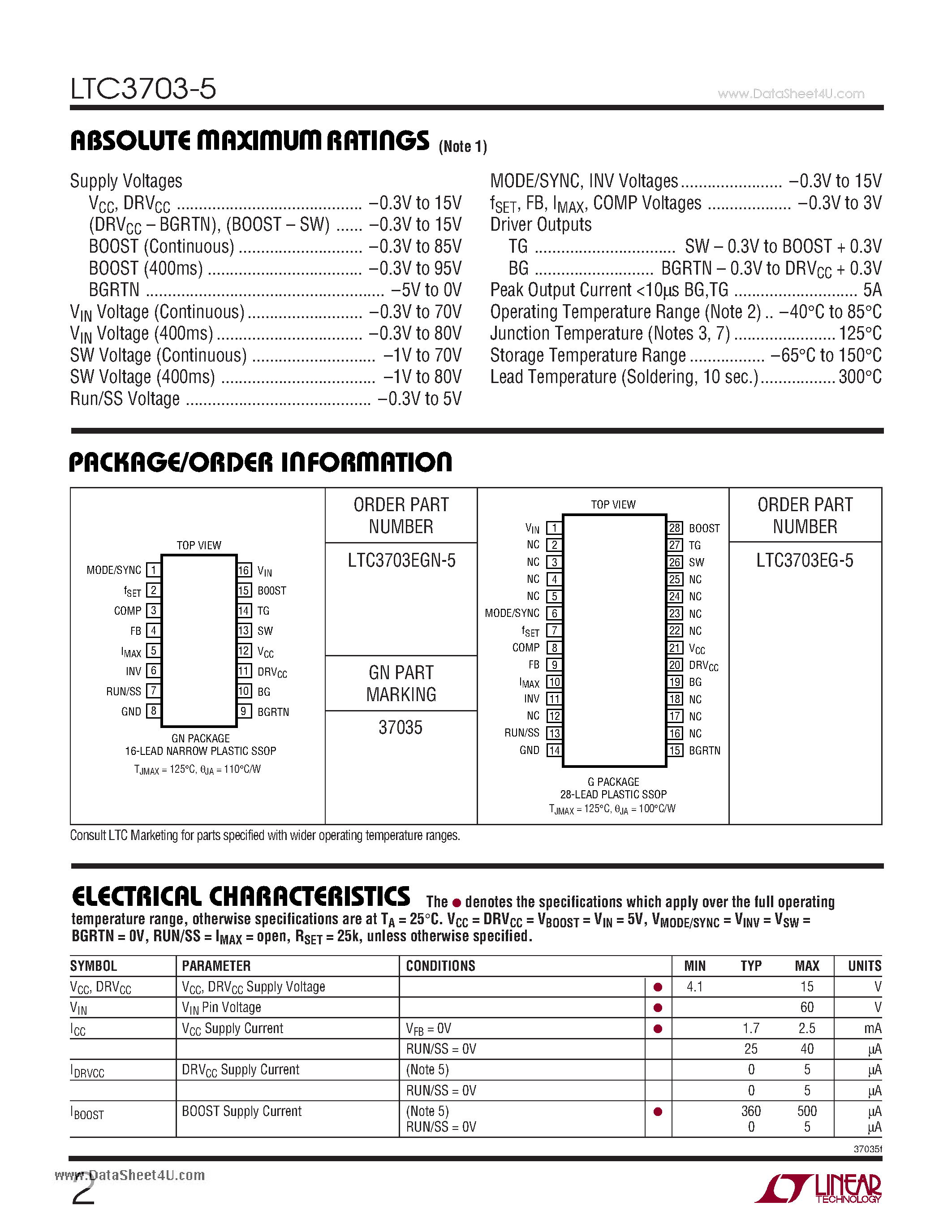Datasheet LTC3703-5 - 60V Synchronous Switching Regulator Controller page 2