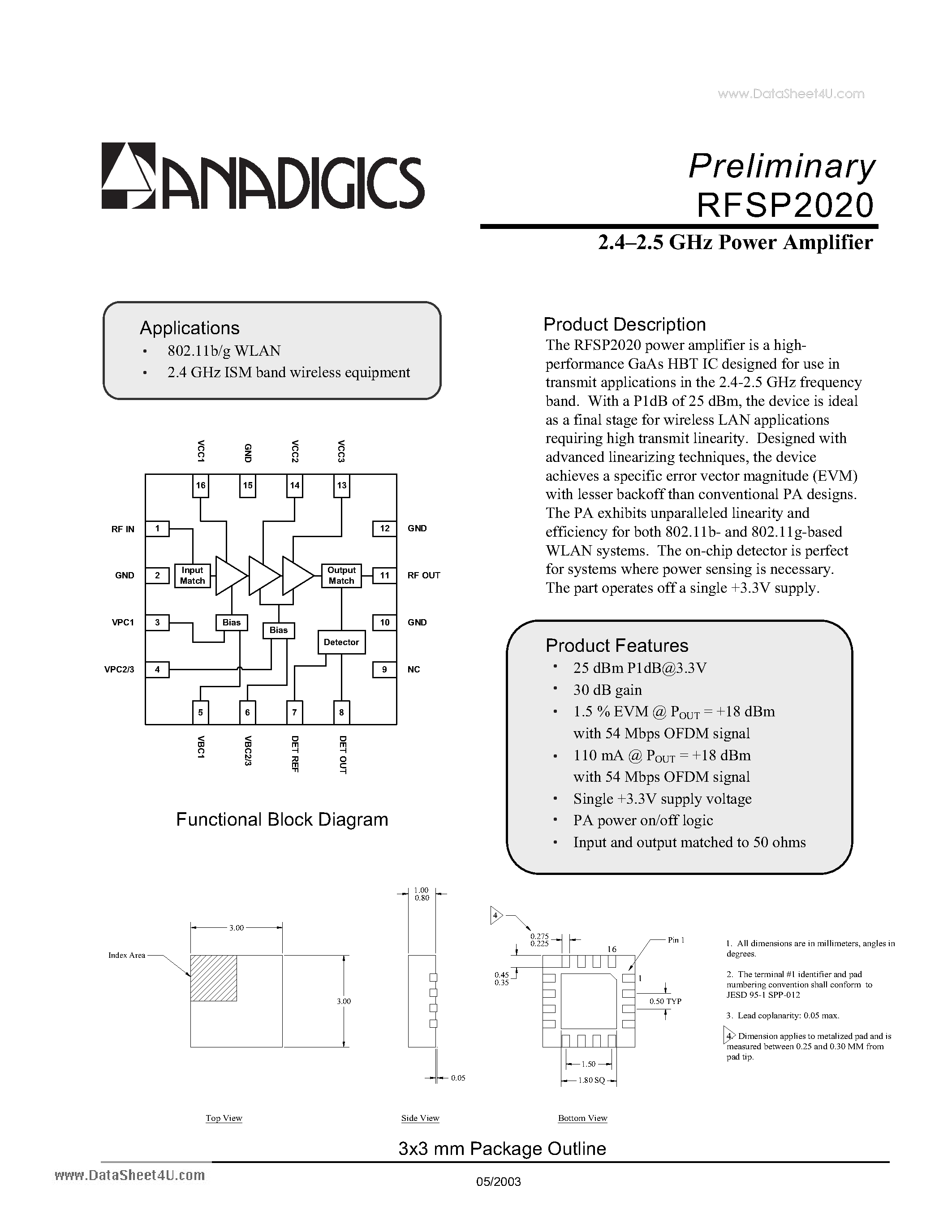 Datasheet RFSP2020 - 2.4-2.5 GHz Power Amplifier page 1