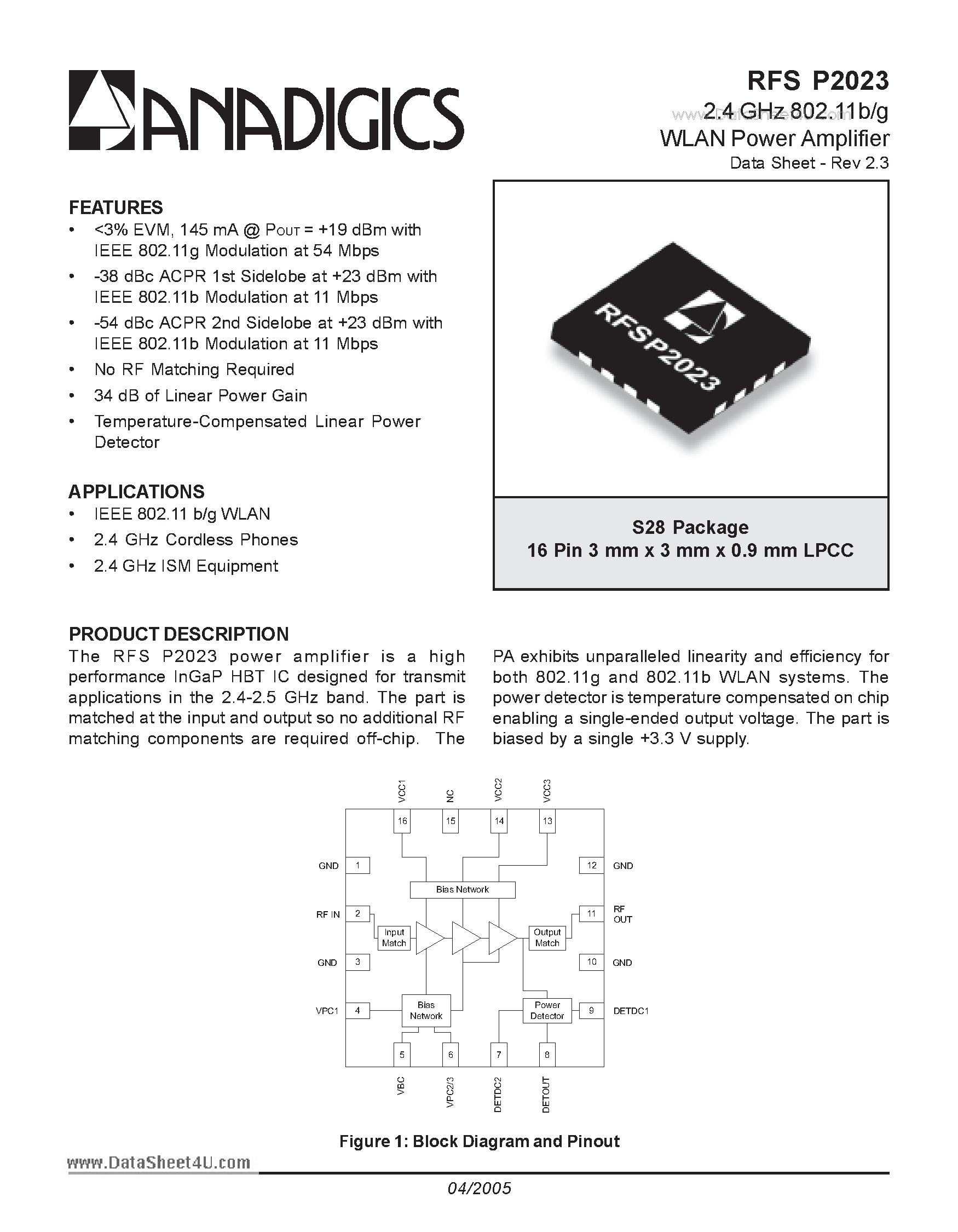 Datasheet RFSP2023 page 1 Datasheet RFSP2023 - 2.4 GHz 802.11b/g WLAN Power Amplifier page 1