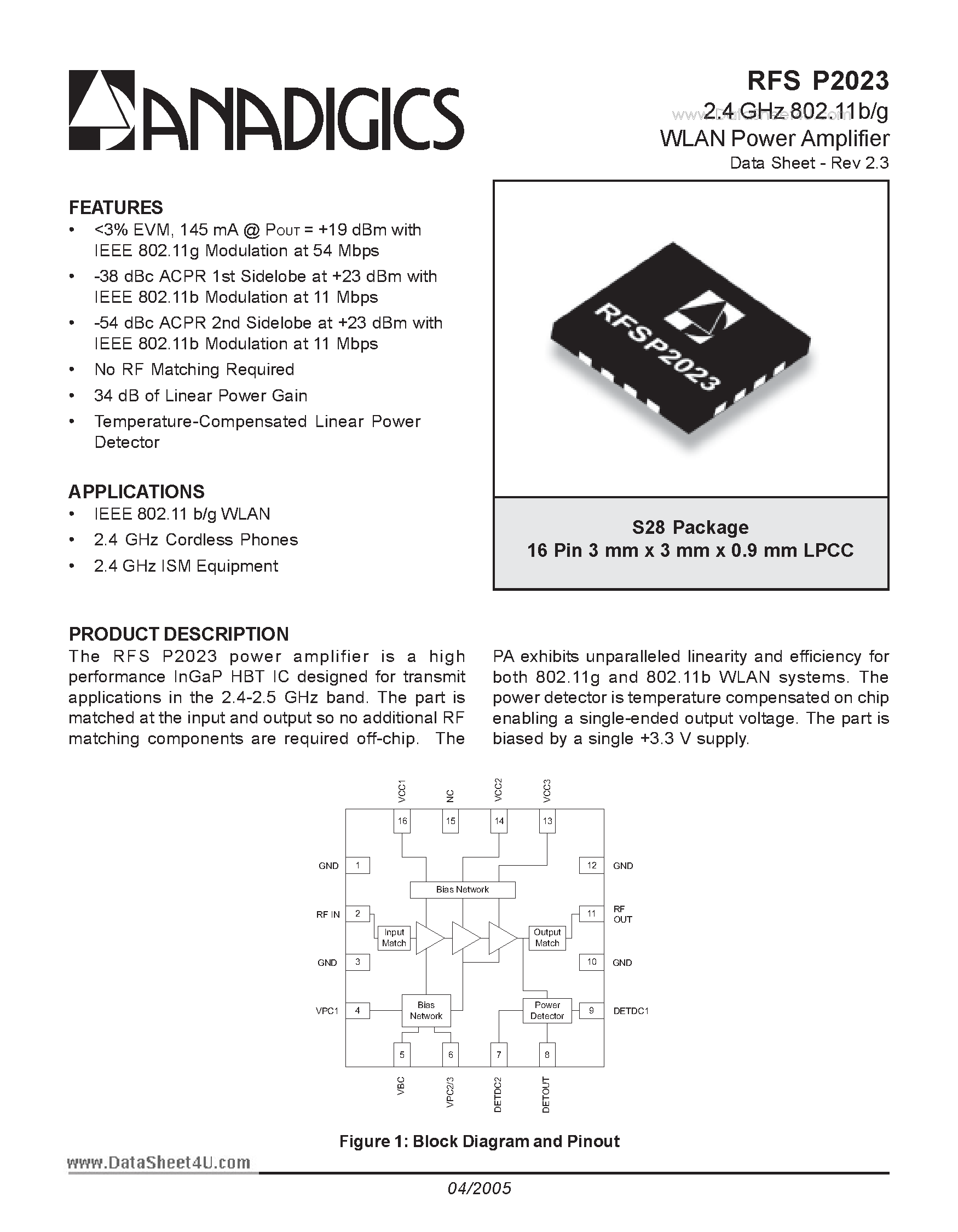 Datasheet RFSP2023 - 2.4 GHz 802.11b/g WLAN Power Amplifier page 1