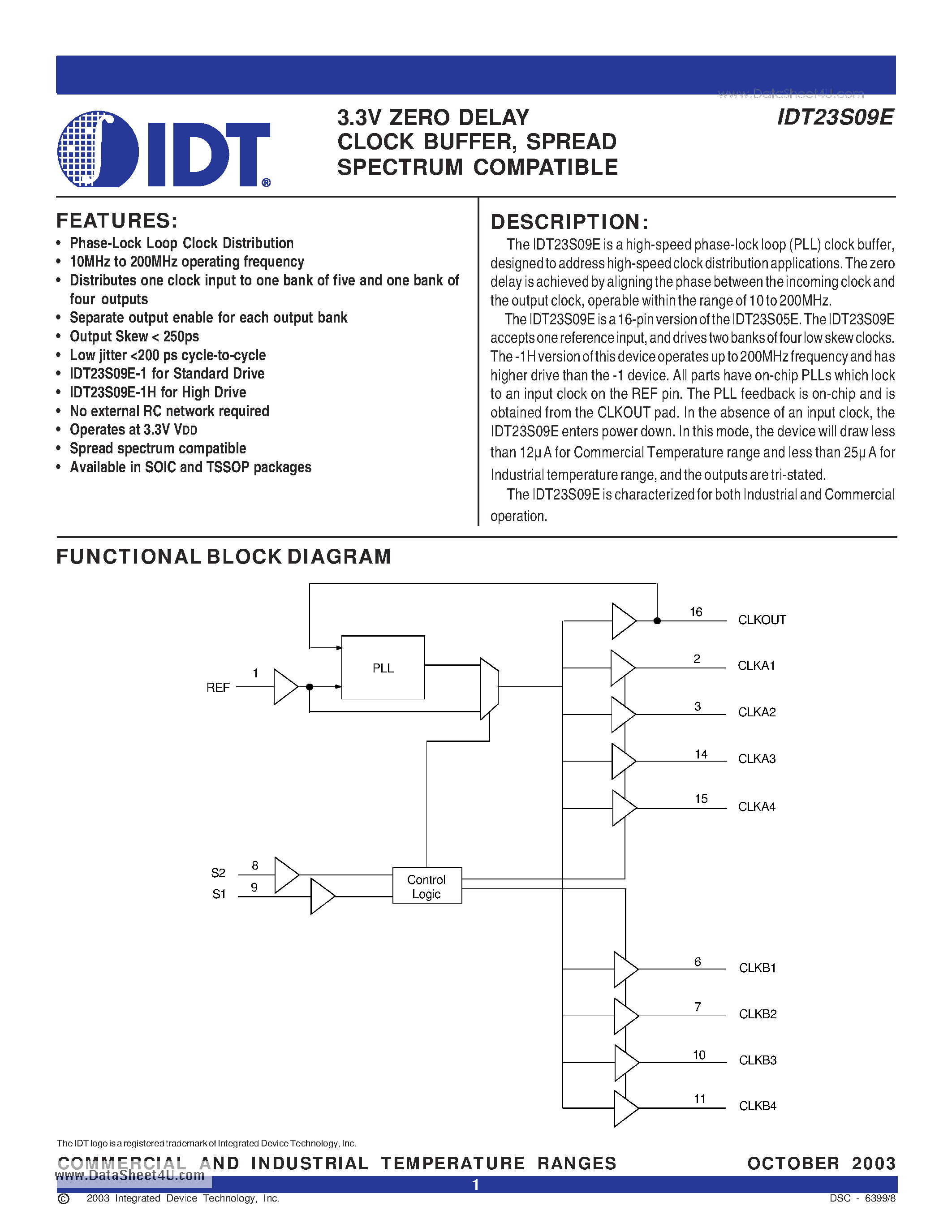 Datasheet IDT23S09E page 1 Datasheet IDT23S09E - 3.3V ZERO DELAY CLOCK BUFFER SPREAD SPECTRUM COMPATIBLE page 1