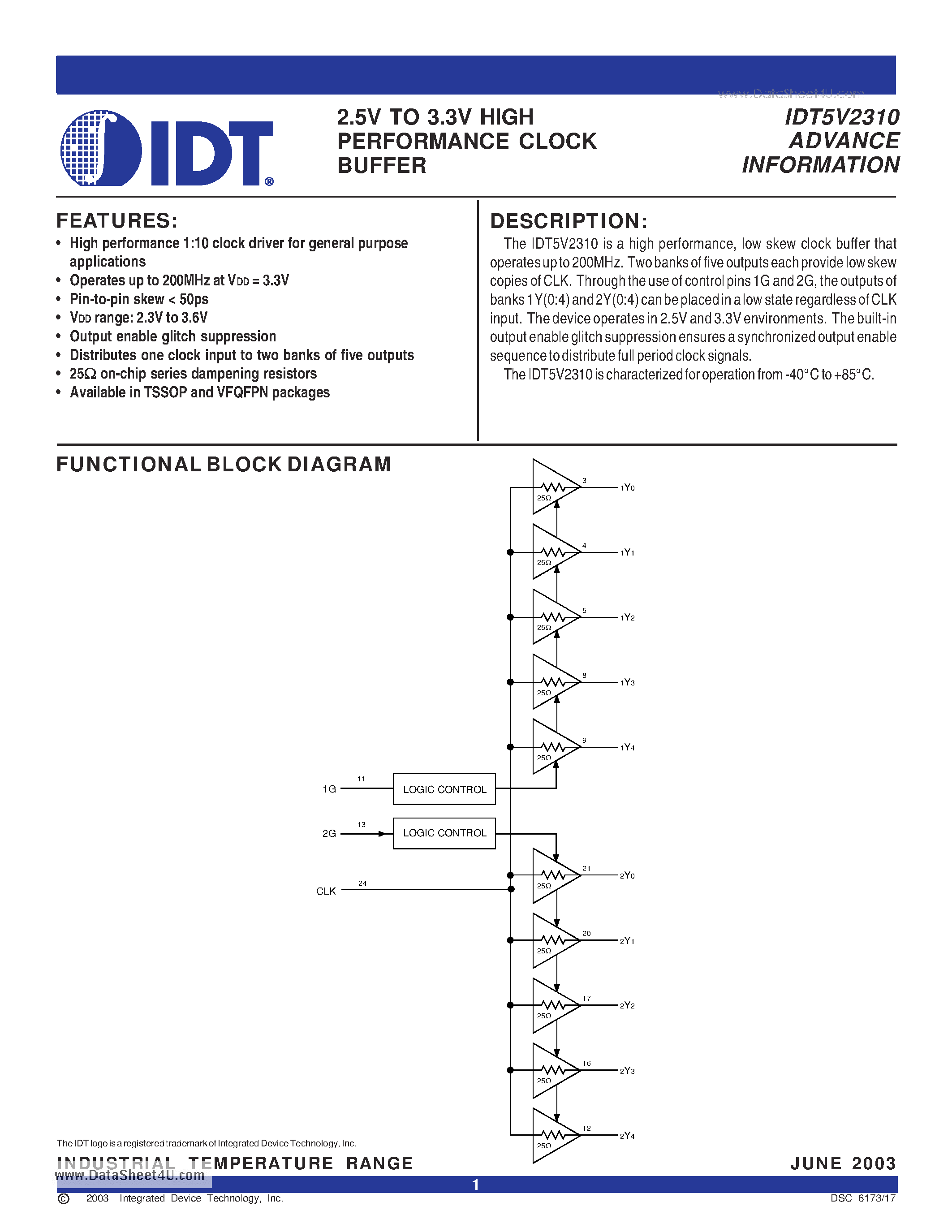 Datasheet IDT5V2310 - 2.5V TO 3.3V HIGH PERFORMANCE CLOCK BUFFER page 1