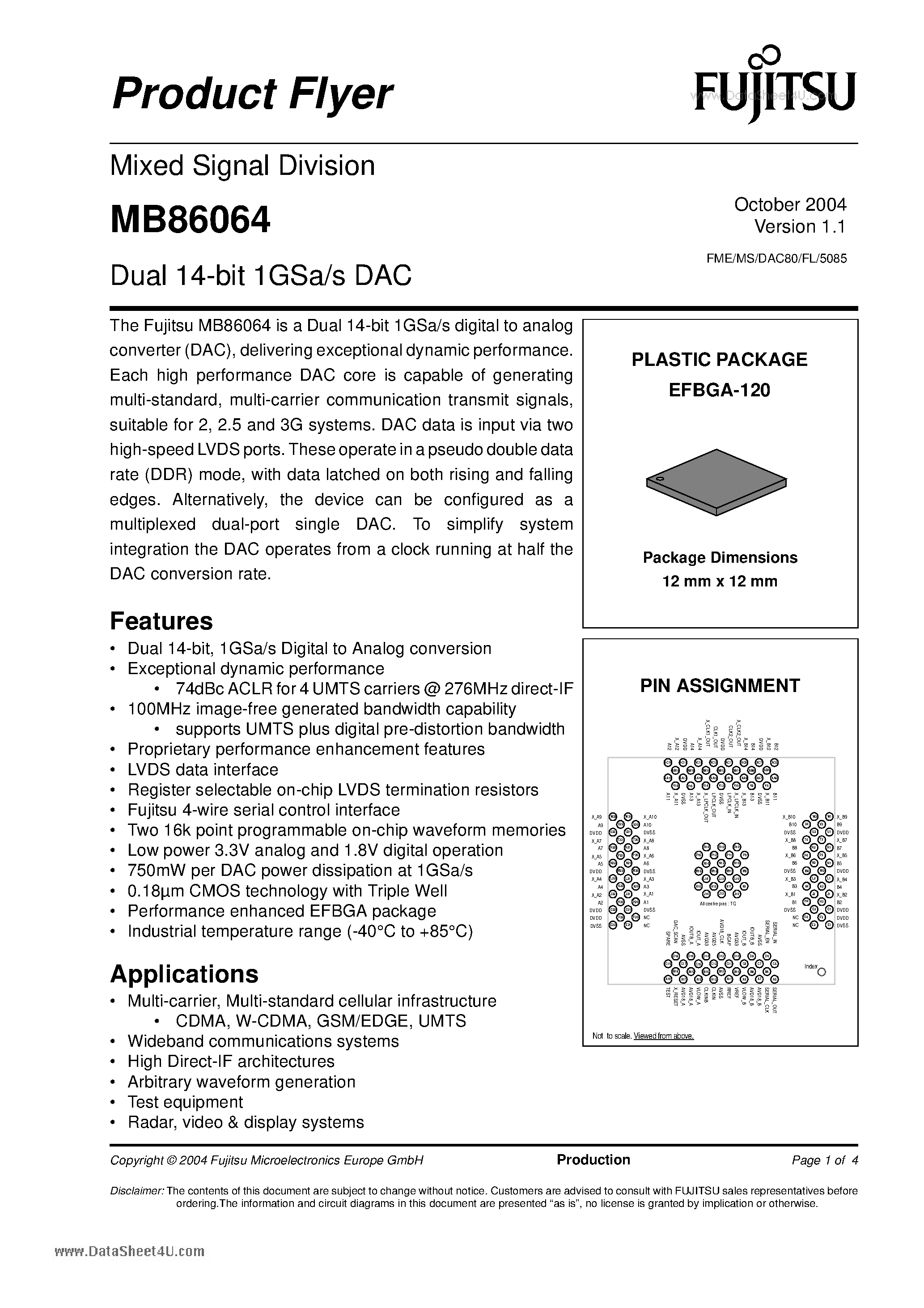 Datasheet MB86064 - Dual 14-bit 1GSa/s DAC page 1