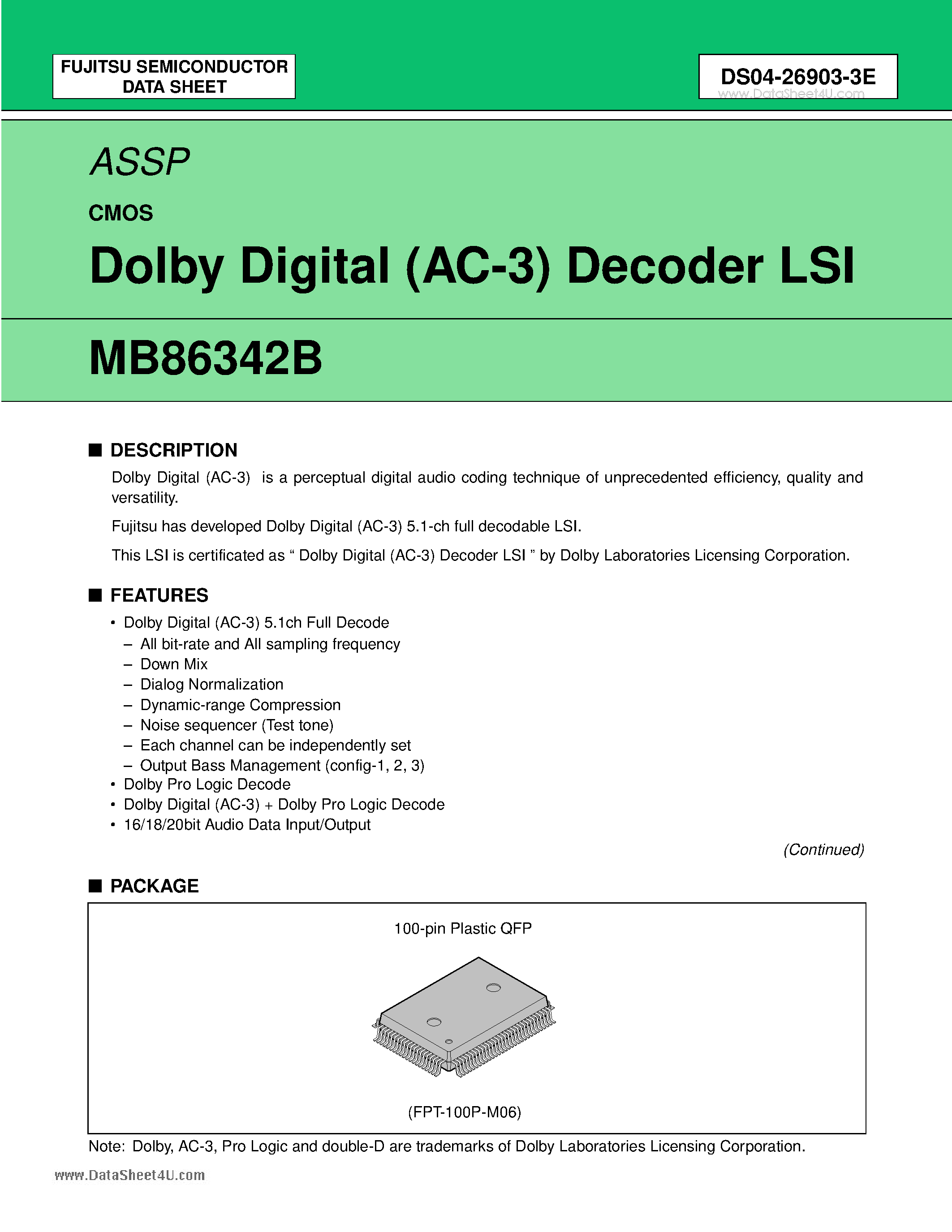 Datasheet MB86342B - Dolby Digital (AC-3) Decoder LSI page 1