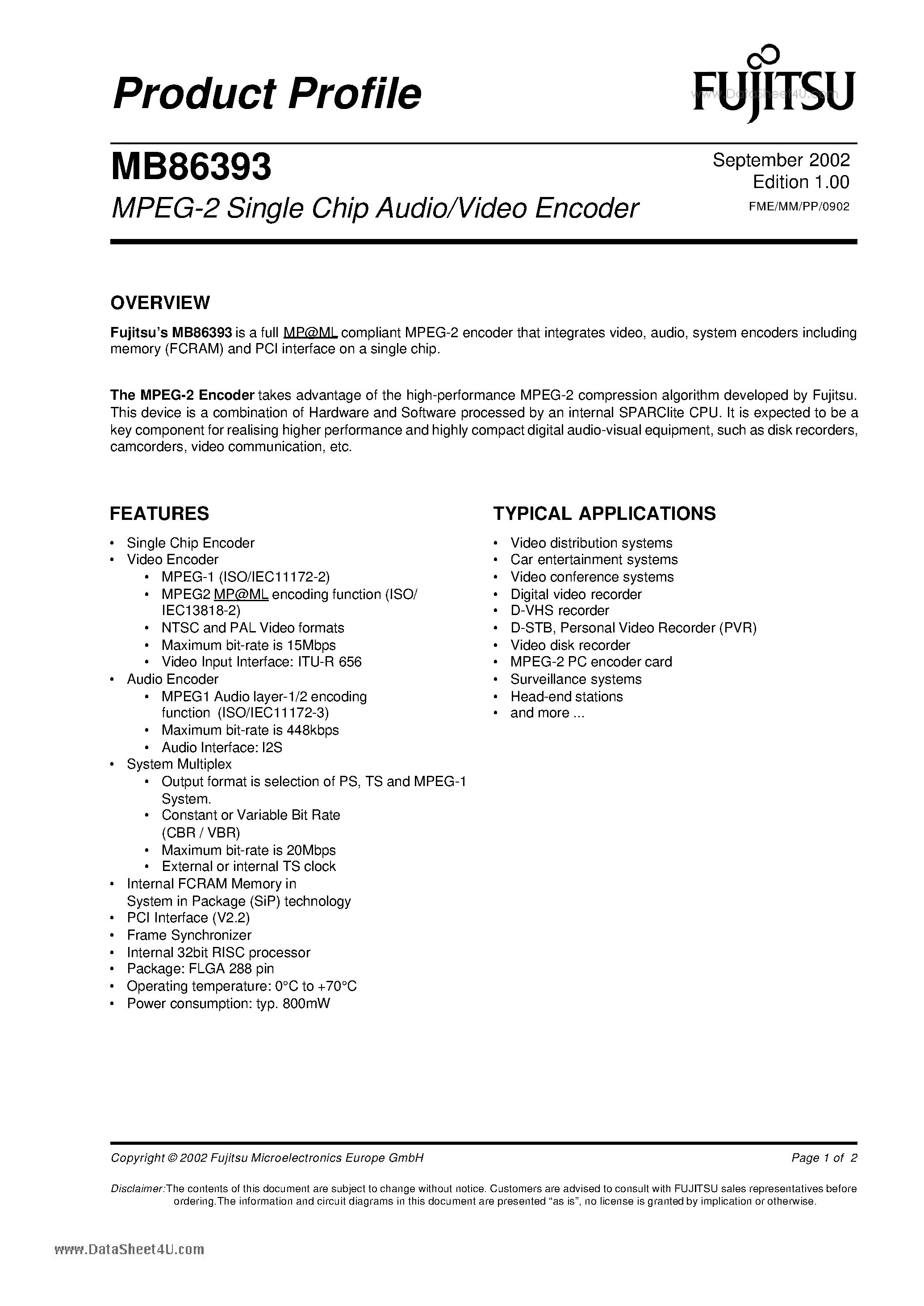 Datasheet MB86393 - MPEG-2 Single Chip Audio/Video Encoder page 1