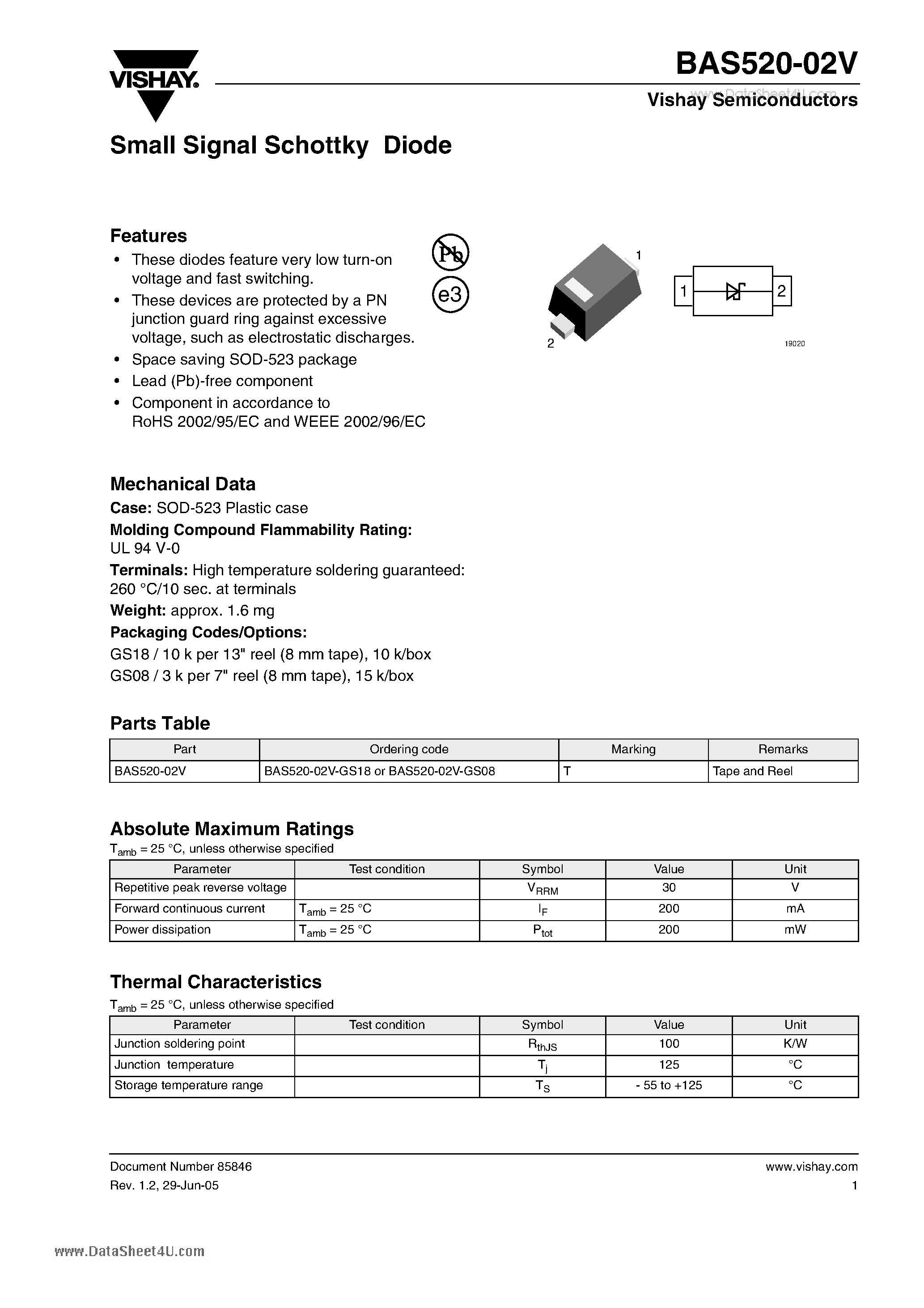 Datasheet BAS520-02V - Small Signal Schottky Diode page 1