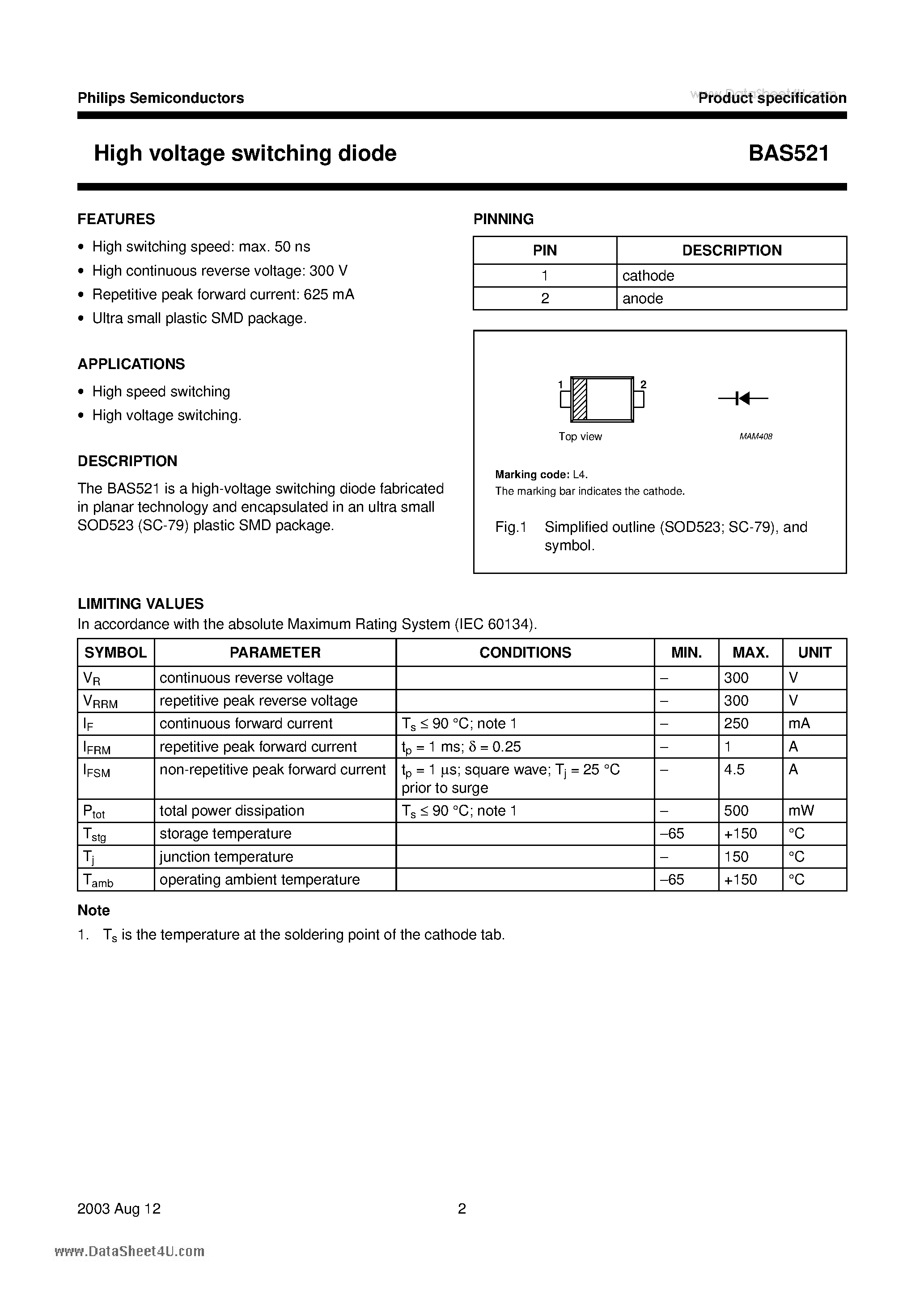 Datasheet BAS521 - High voltage switching diode page 2