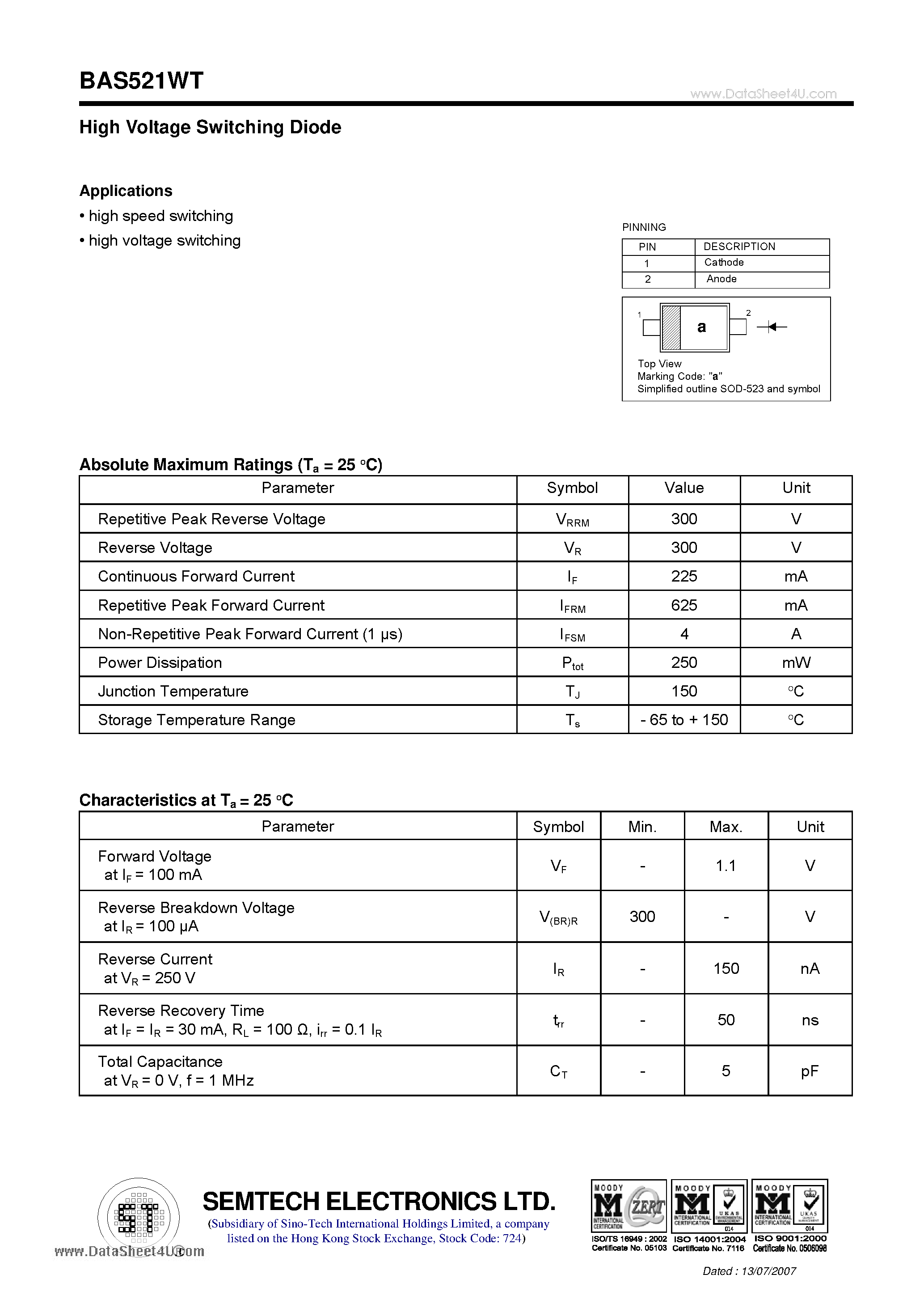 Datasheet BAS521WT - High Voltage Switching Diode page 1