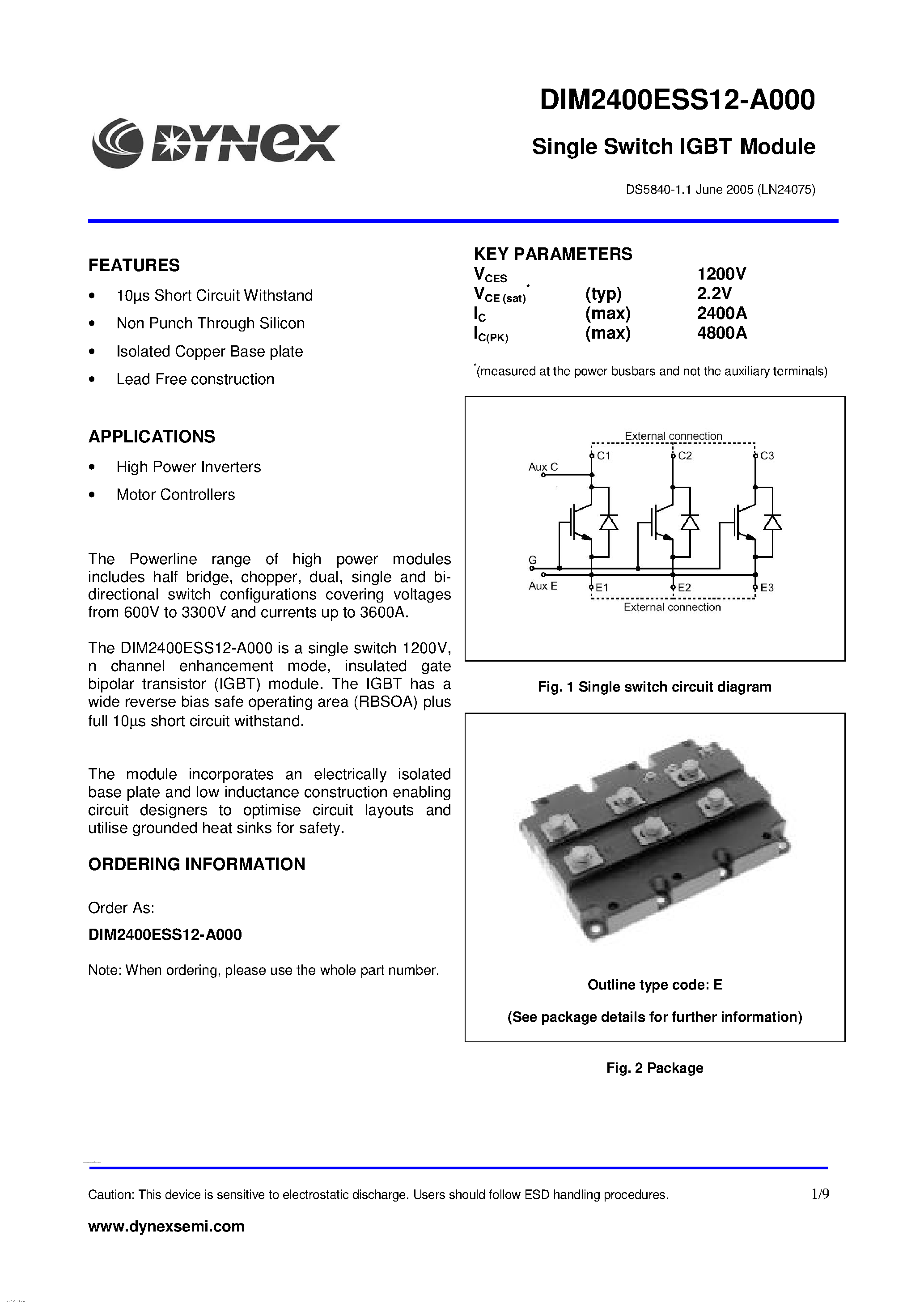 Даташит на микросхему DIM2400ESS12-A000 страница 1 Даташит DIM2400ESS12-A000 - Single Switch IGBT Module страница 1