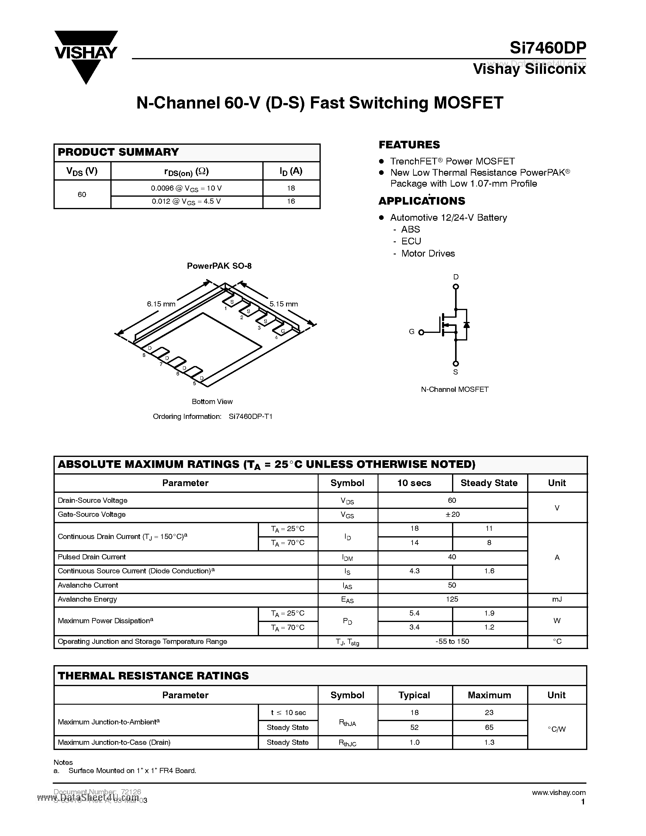 Даташит SI7460DP - N-Channel 60-V (D-S) Fast Switching MOSFET страница 1