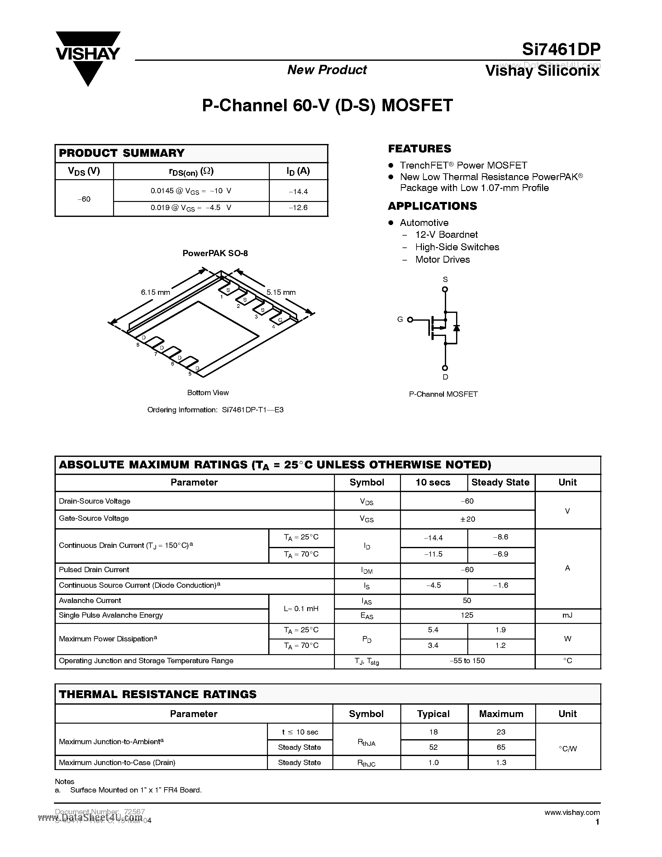 Даташит на микросхему SI7461DP страница 1 Даташит SI7461DP - P-Channel 60-V (D-S) MOSFET страница 1