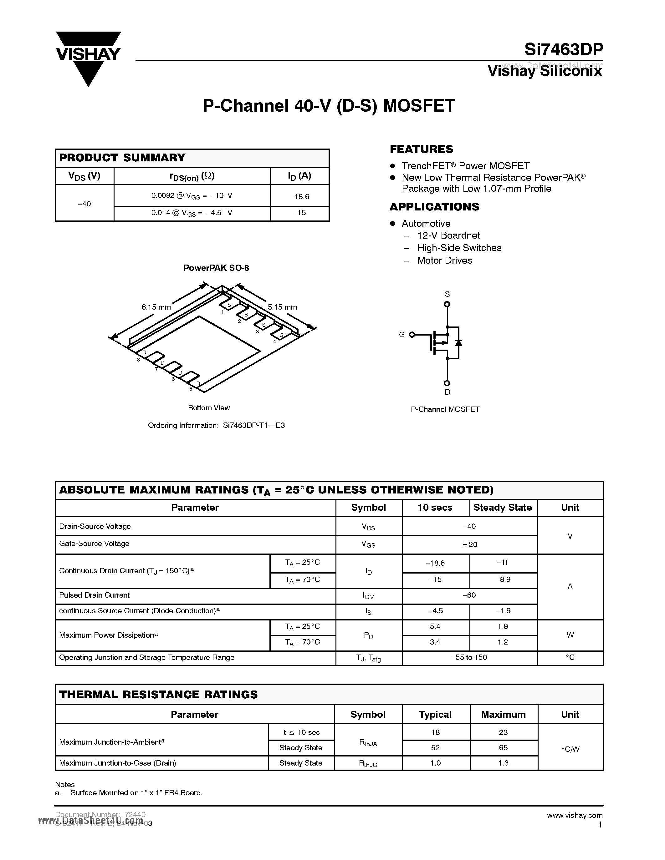 Даташит на микросхему SI7463DP страница 1 Даташит SI7463DP - P-Channel 40-V (D-S) MOSFET страница 1