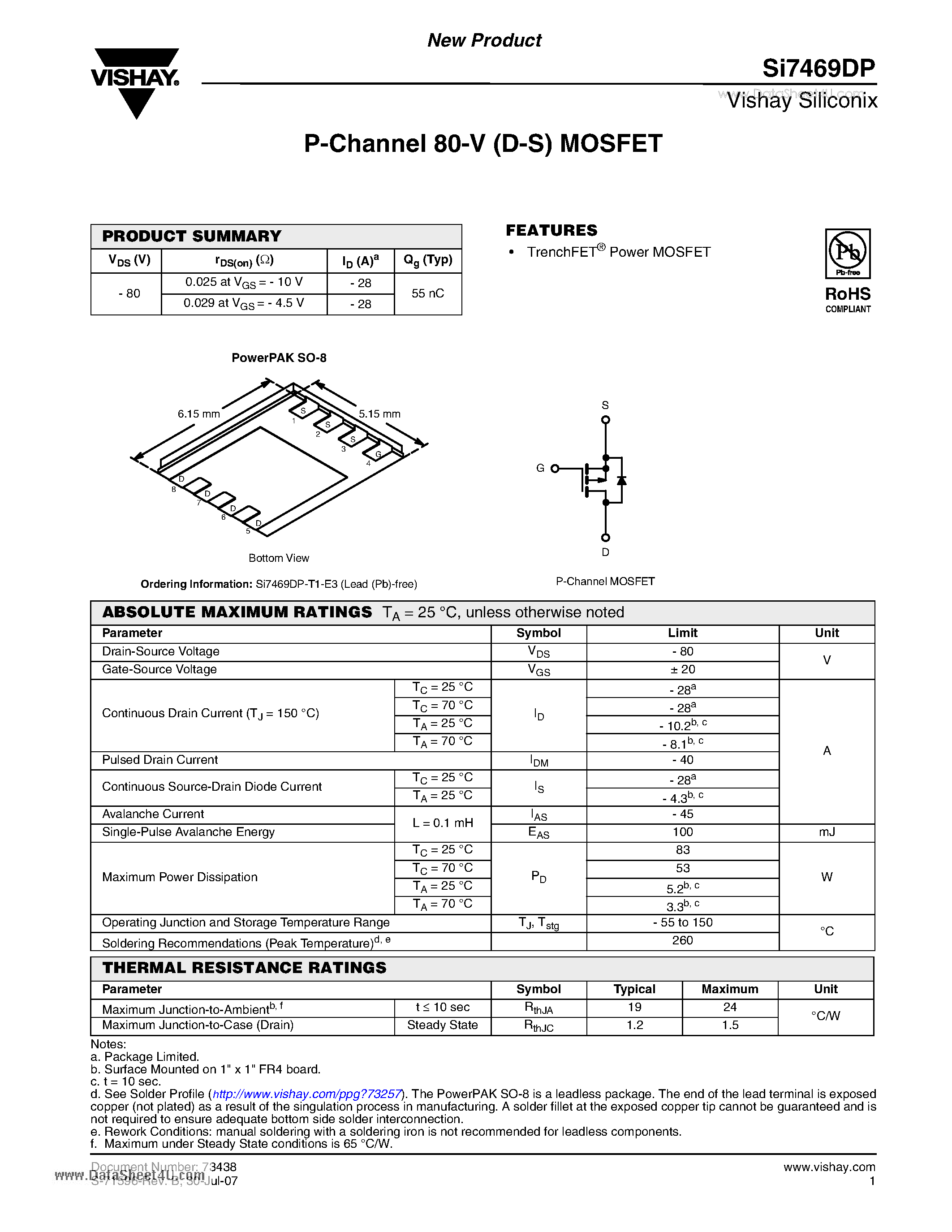 Даташит на микросхему SI7469DP страница 1 Даташит SI7469DP - P-Channel 80-V (D-S) MOSFET страница 1