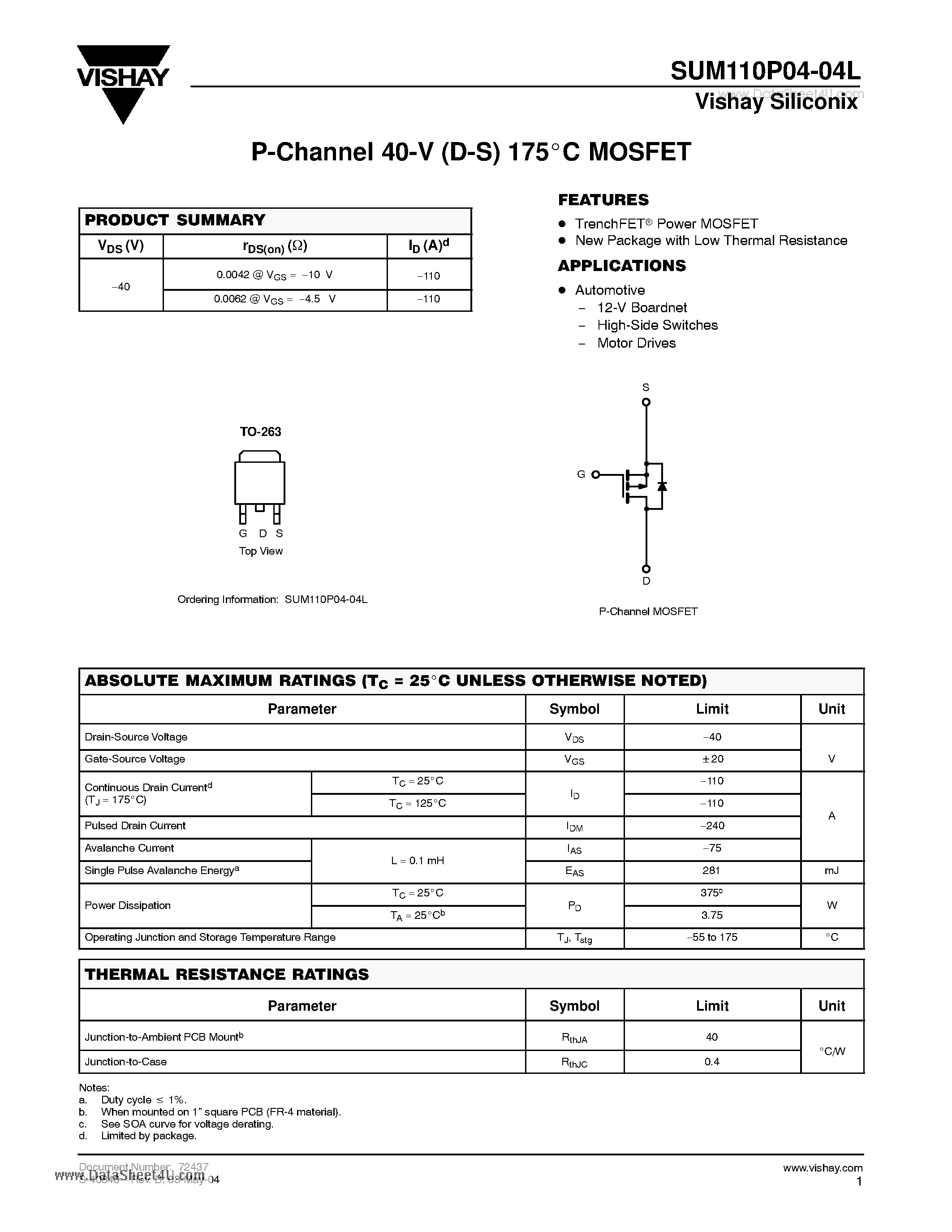 Datasheet SUM110P04-04L - P-Channel 40-V (D-S) 175-LC MOSFET page 1