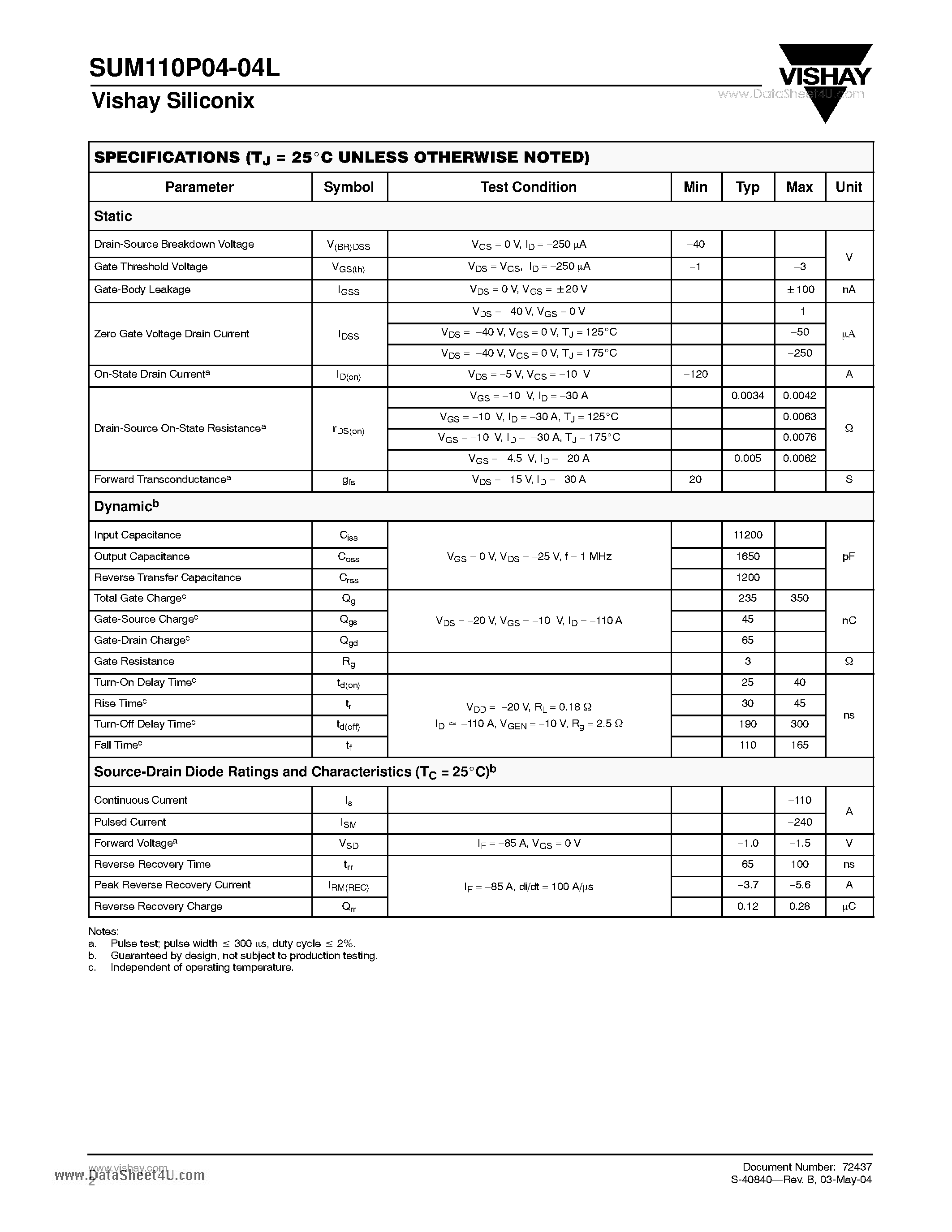 Datasheet SUM110P04-04L - P-Channel 40-V (D-S) 175-LC MOSFET page 2