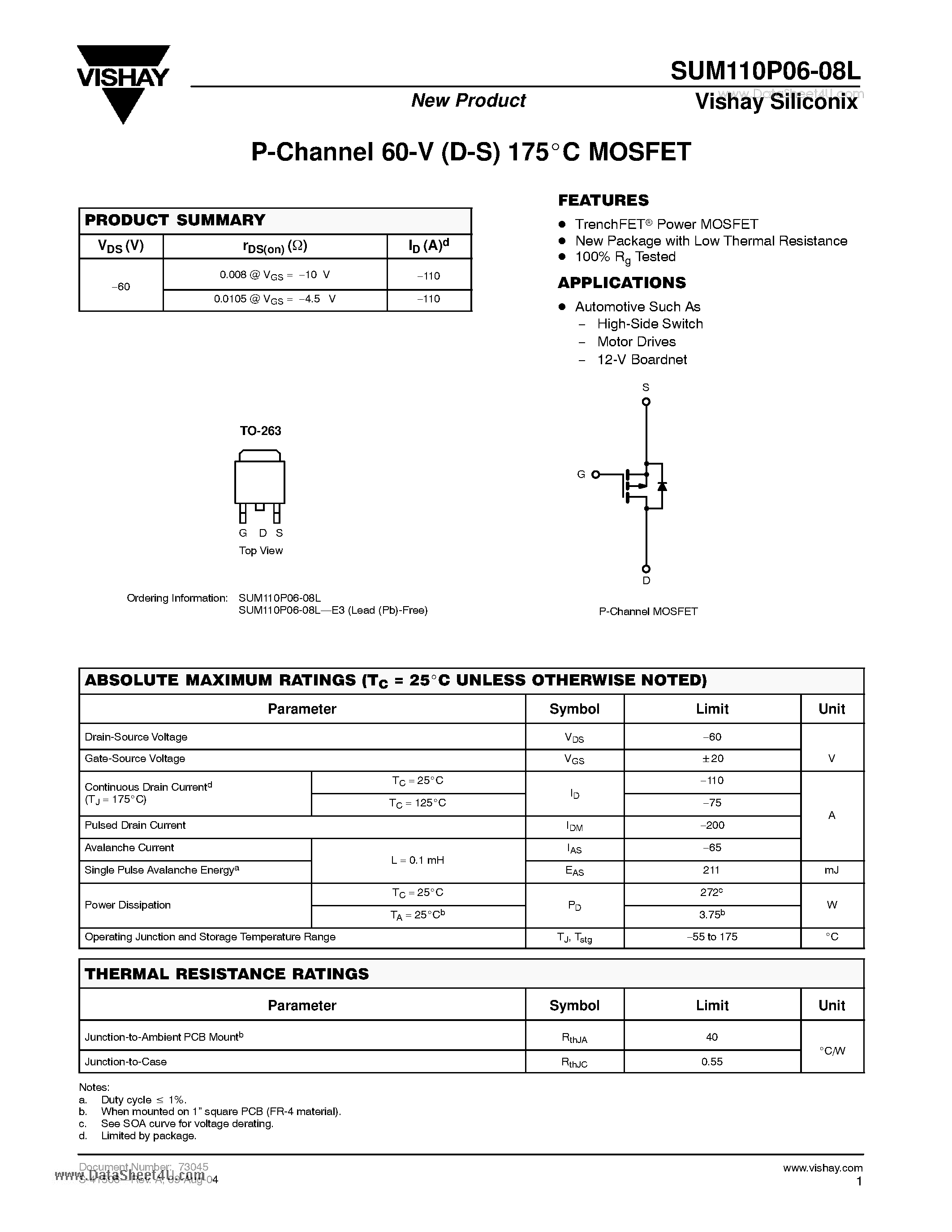 Datasheet SUM110P06-08L - P-Channel 60-V (D-S) 175 Degrees Celcious MOSFET page 1