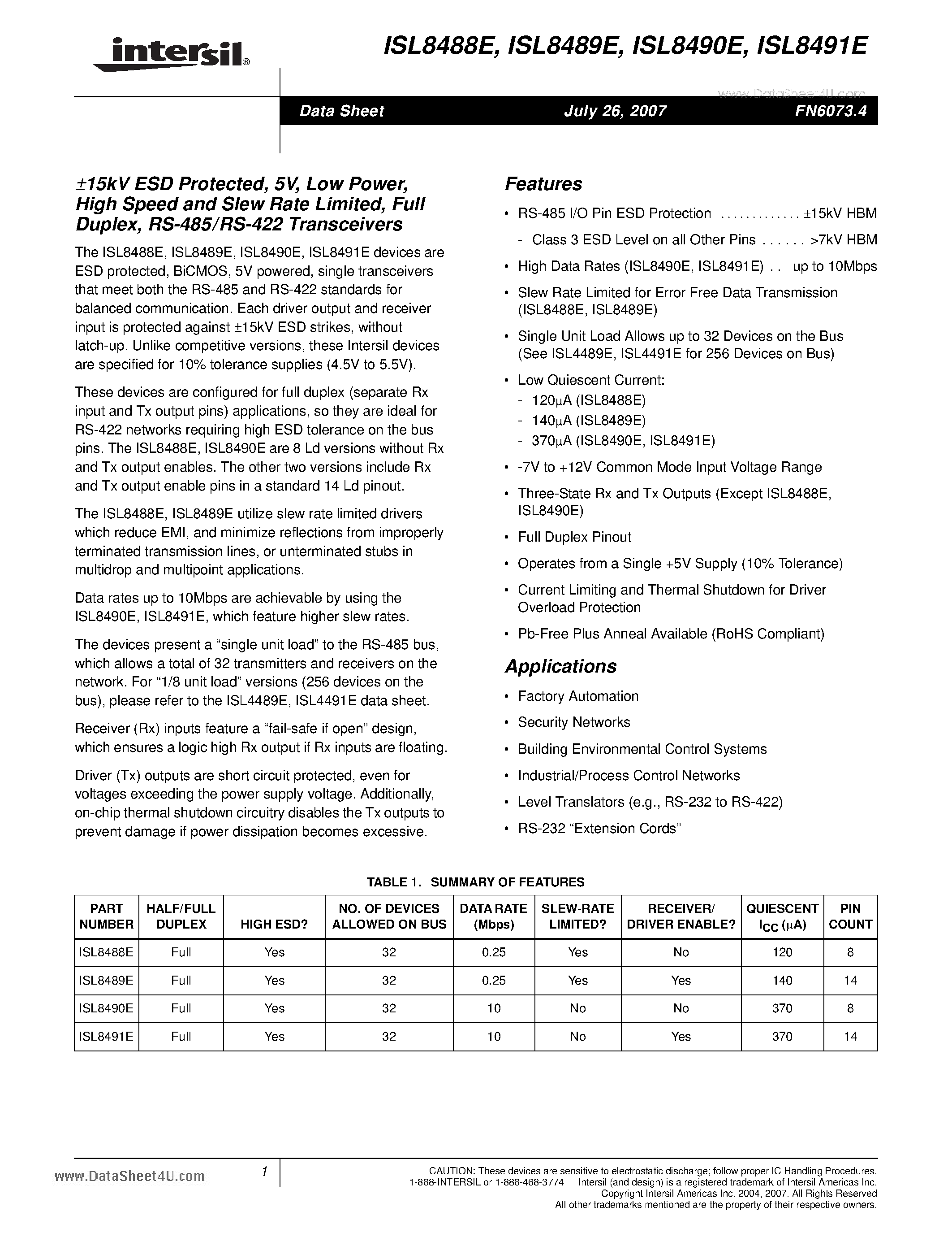 Datasheet ISL8488E - RS-485/RS-422 Transceivers page 1