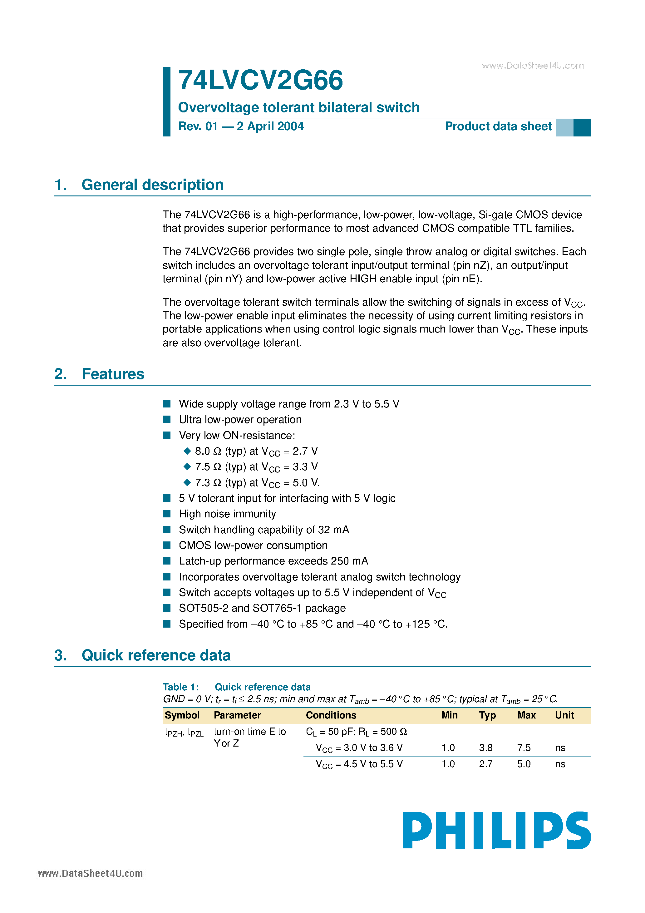 Datasheet 74LVCV2G66 - Overvoltage tolerant bilateral switch page 1