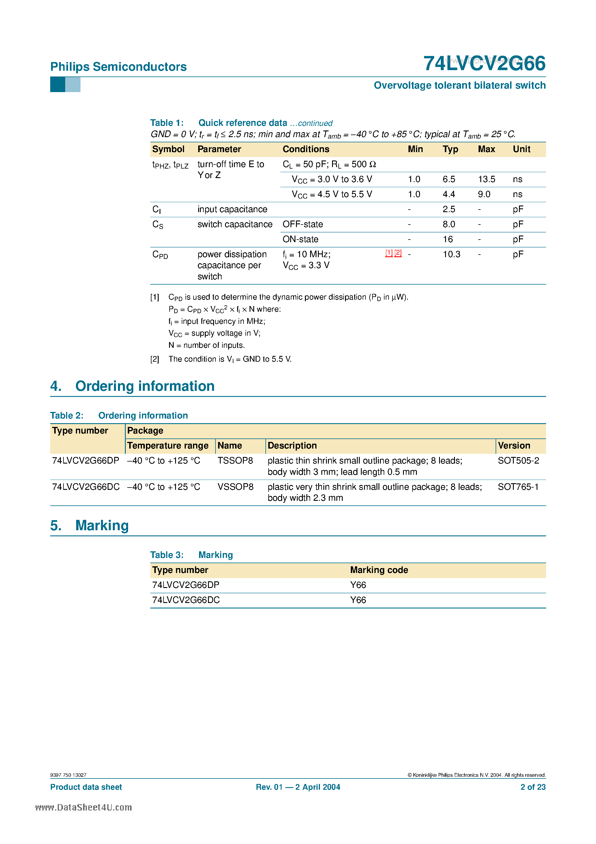 Datasheet 74LVCV2G66 - Overvoltage tolerant bilateral switch page 2
