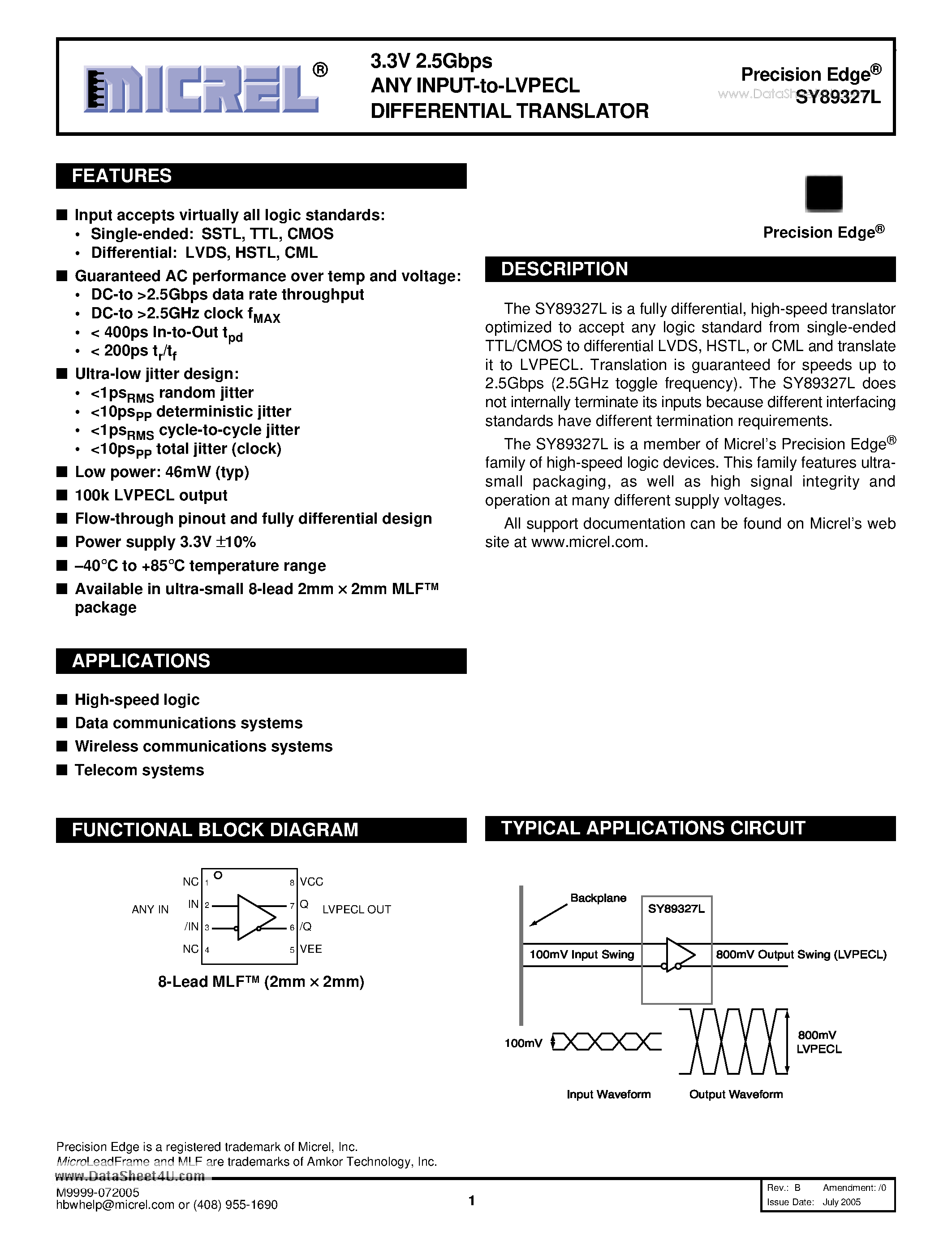 Datasheet SY89327L - 3.3V 2.5Gbps ANY INPUT-to-LVPECL DIFFERENTIAL TRANSLATOR page 1