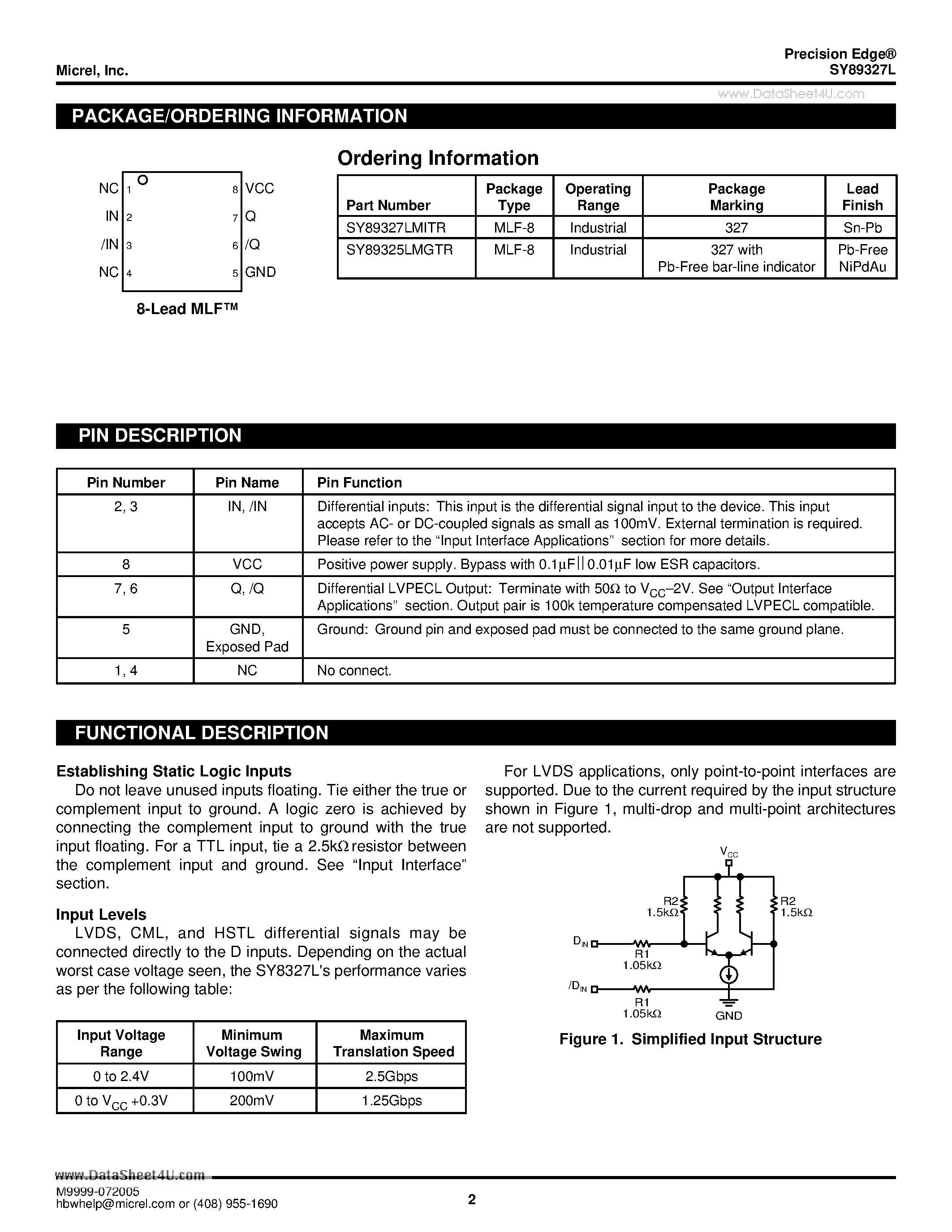Datasheet SY89327L - 3.3V 2.5Gbps ANY INPUT-to-LVPECL DIFFERENTIAL TRANSLATOR page 2