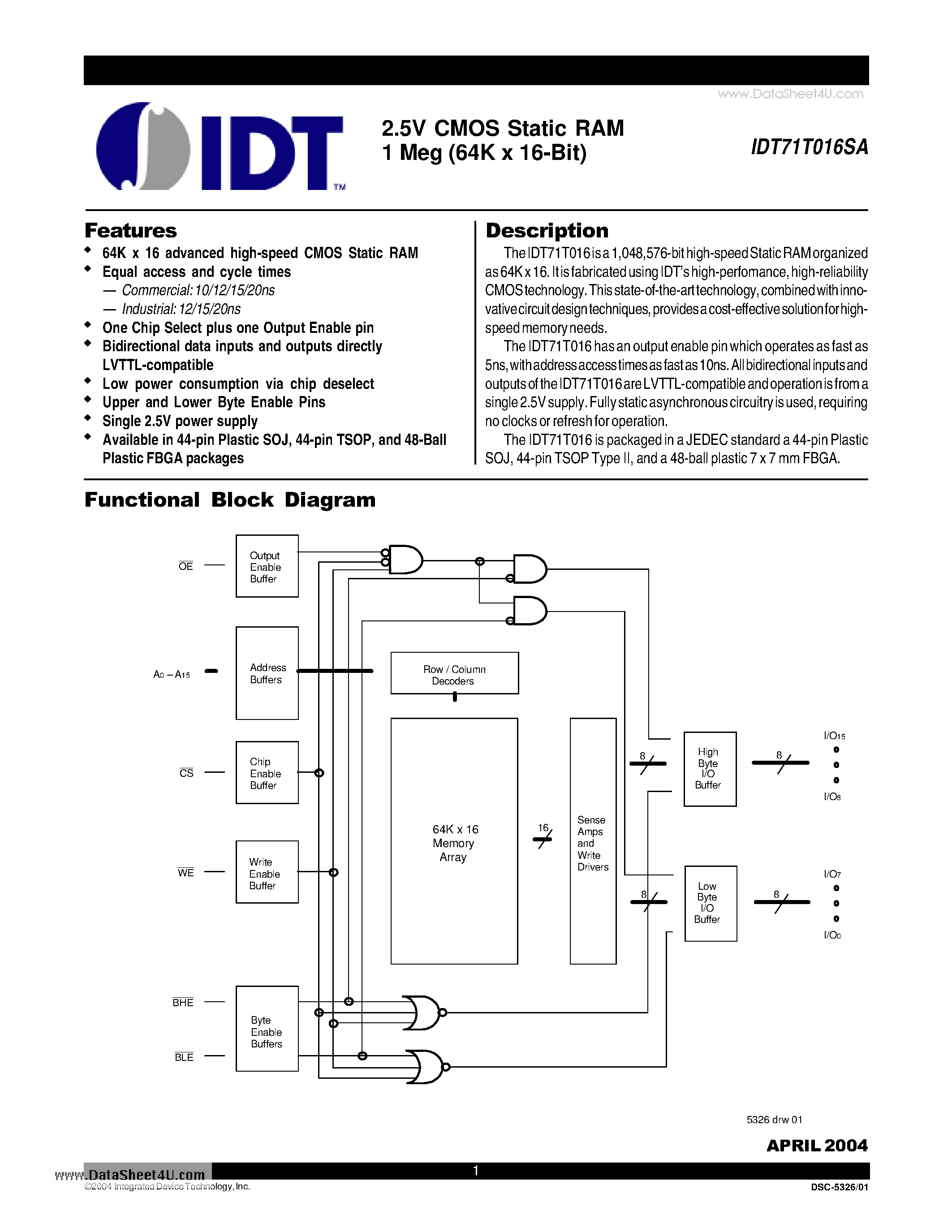 Datasheet IDT71T016SA - 2.5V CMOS Static RAM 1 Meg (64K x 16-Bit) page 1