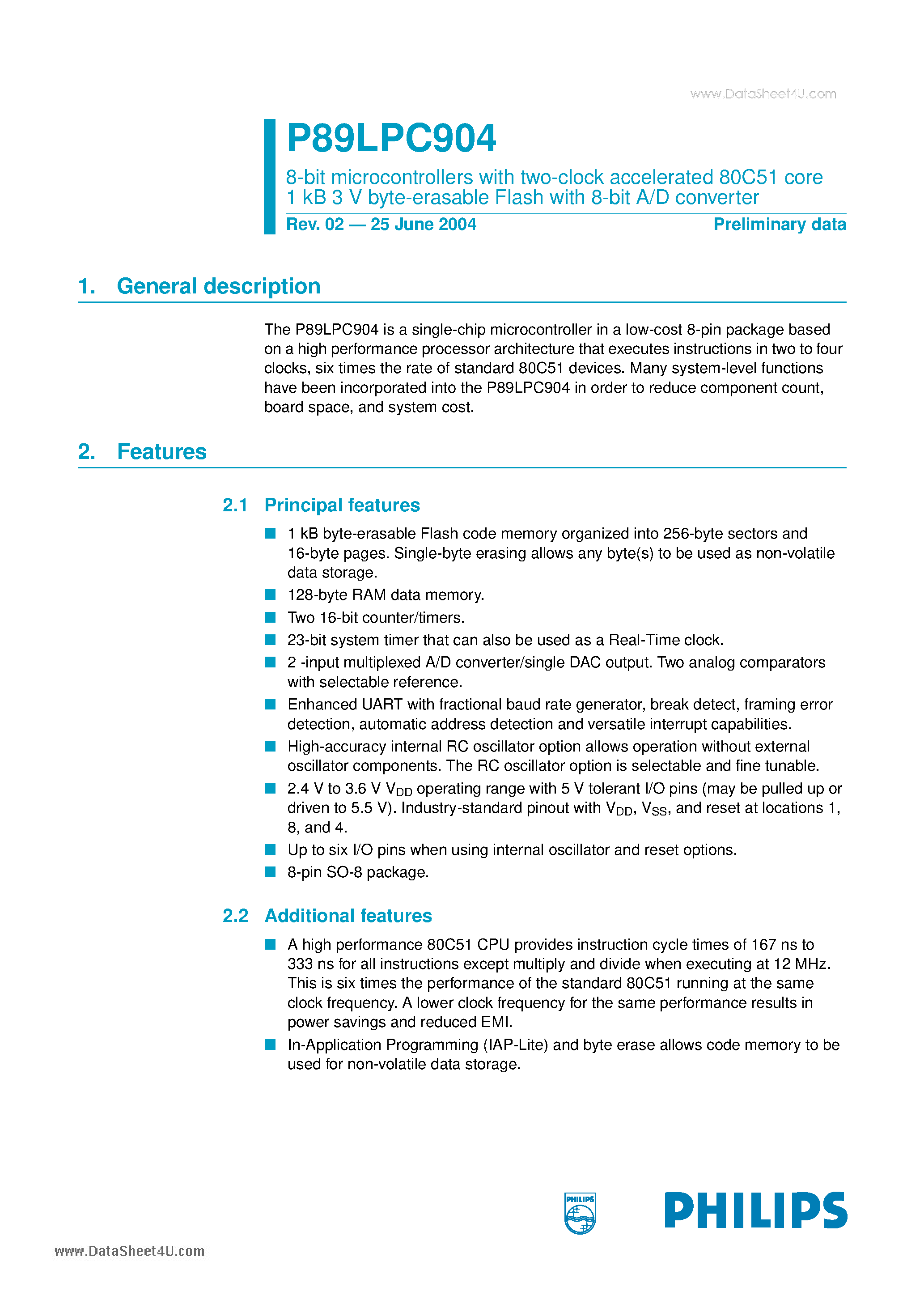 Datasheet P89LPC904 - 8-bit microcontrollers page 1