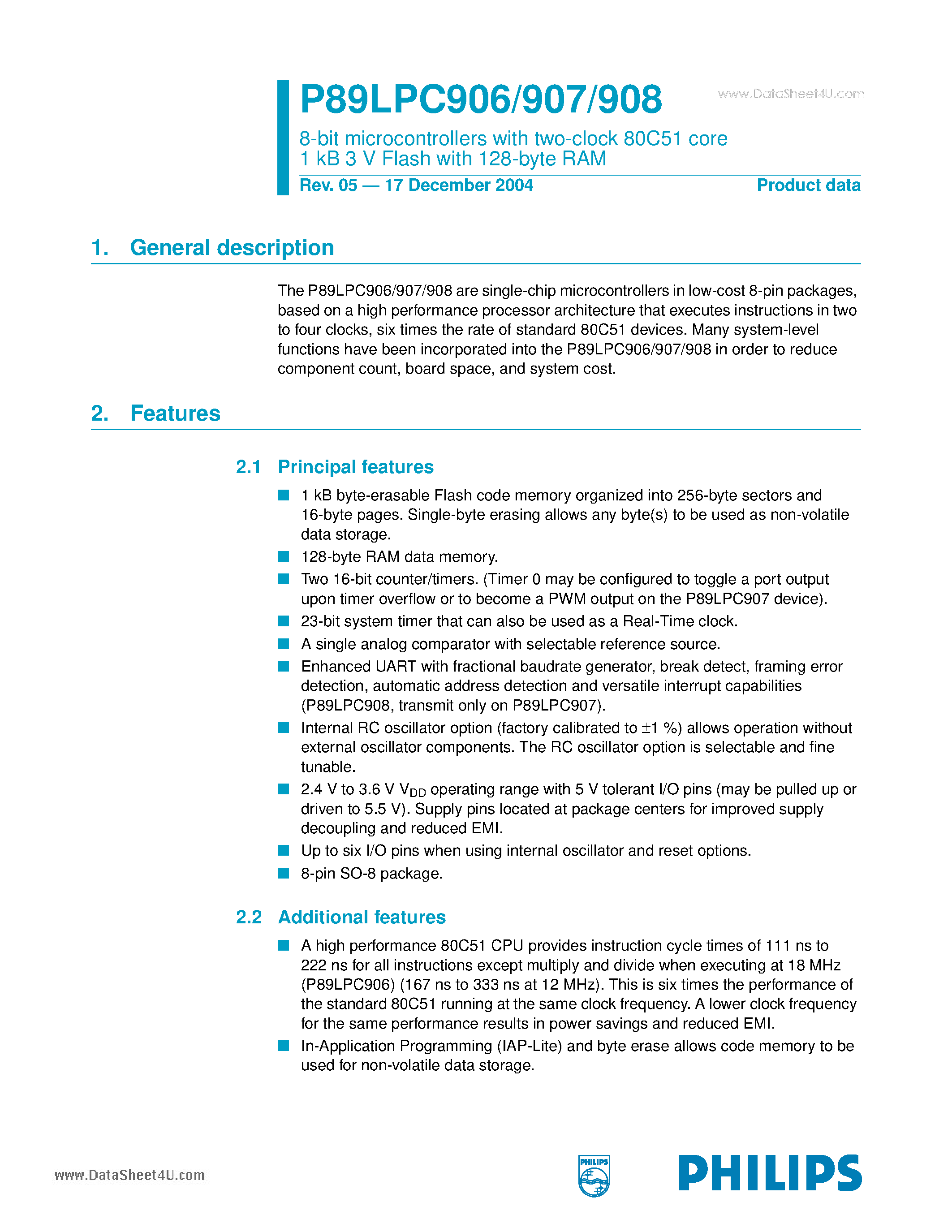 Datasheet P89LPC906 page 1 Datasheet P89LPC906 - 8-bit microcontrollers page 1